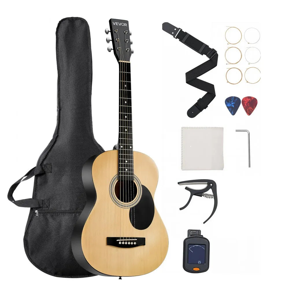 VEVOR Dreadnought Acoustic Guitar, 39 in, 6-String Natural Solid Spruce Top Guitar, Portable Bundle with Gig Bag, Tuner, Strap, Steel Strings, Picks, Capo, Rosewood Fingerboard, for Beginner Adults 