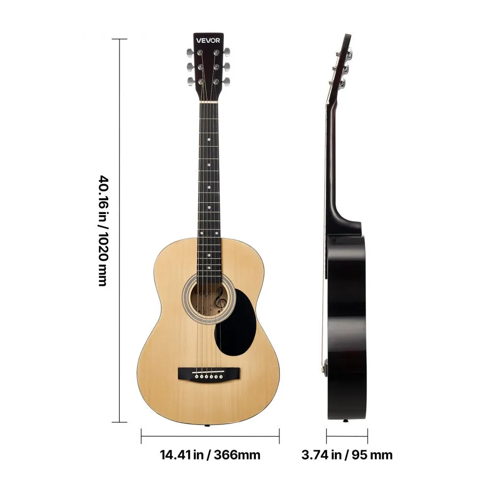 VEVOR Dreadnought Acoustic Guitar, 39 in, 6-String Natural Solid Spruce Top Guitar, Portable Bundle with Gig Bag, Tuner, Strap, Steel Strings, Picks, Capo, Rosewood Fingerboard, for Beginner Adults 