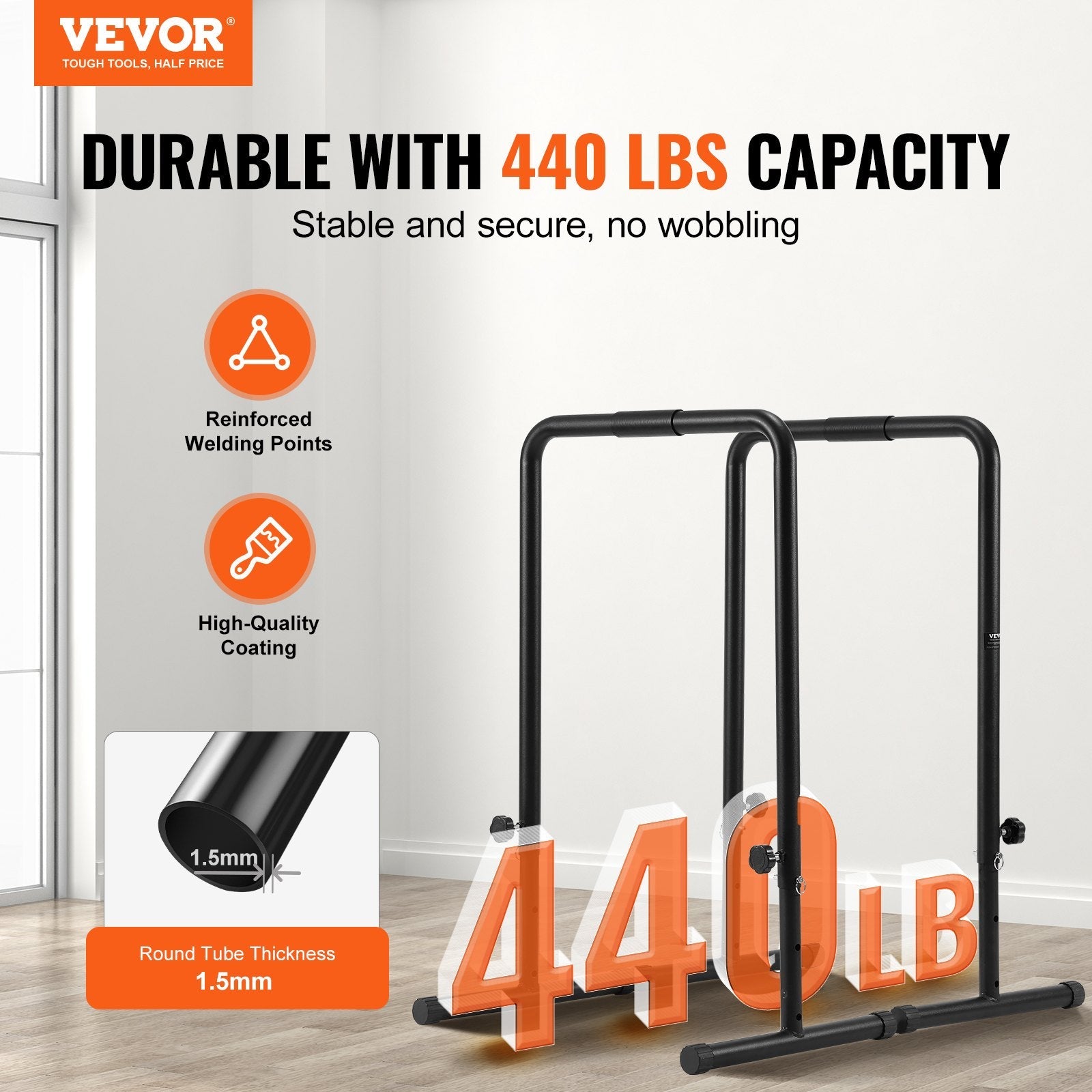 VEVOR Dip Bars, 440 lbs Capacity, Heave Duty Dip Stand Station with Adjustable Height, Fitness Workout Dip Bar Station Stabilizer Parallette Push Up Stand, Parallel Bars for Strength Training Home Gym 