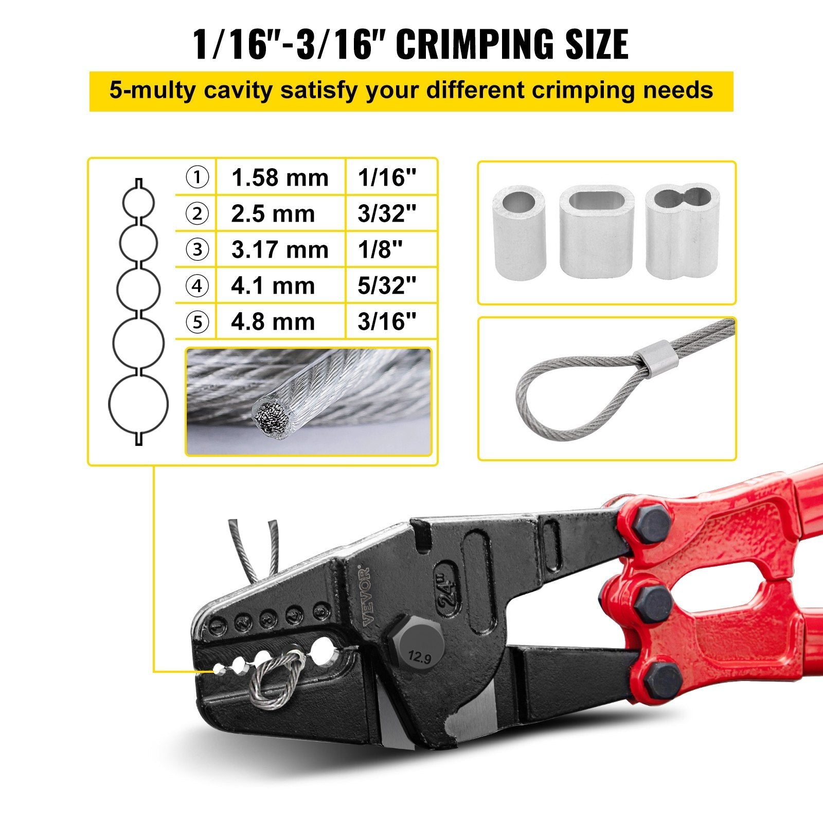 VEVOR Hand Swager Crimper Swaging Tool for Copper Aluminum Oval Sleeves and Stop Sleeves Wire Rope Crimping Tool Propress Swage Tool Long Handle Labor Save (24 Inch) 