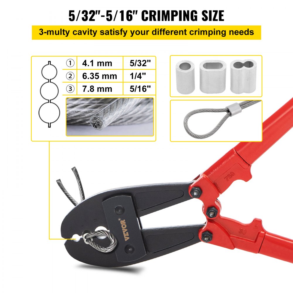 VEVOR 30 Inch Hand Swager Crimper 3 Cavity 5/32 1/4 5/16inch Swaging Tool for Copper Aluminum Oval Sleeves and Stop Sleeves Wire Rope Crimping Tool Propress Swage Tool Long Handle Labor Save 