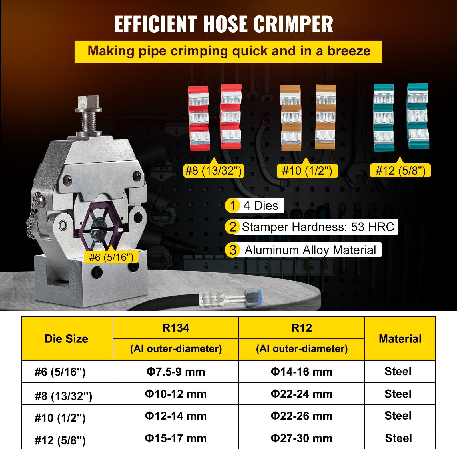 VEVOR Manually Operated AC Hose Crimper Hydra-Krimp 71550 Manual AC Hose Crimper Kit Air Conditioning Repair Handheld AC Hose Crimping Tool with 4 Dies 