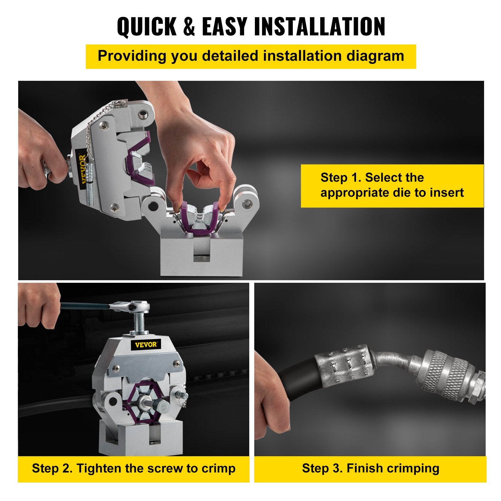 VEVOR Manually Operated AC Hose Crimper Hydra-Krimp 71550 Manual AC Hose Crimper Kit Air Conditioning Repair Handheld AC Hose Crimping Tool with 4 Dies 