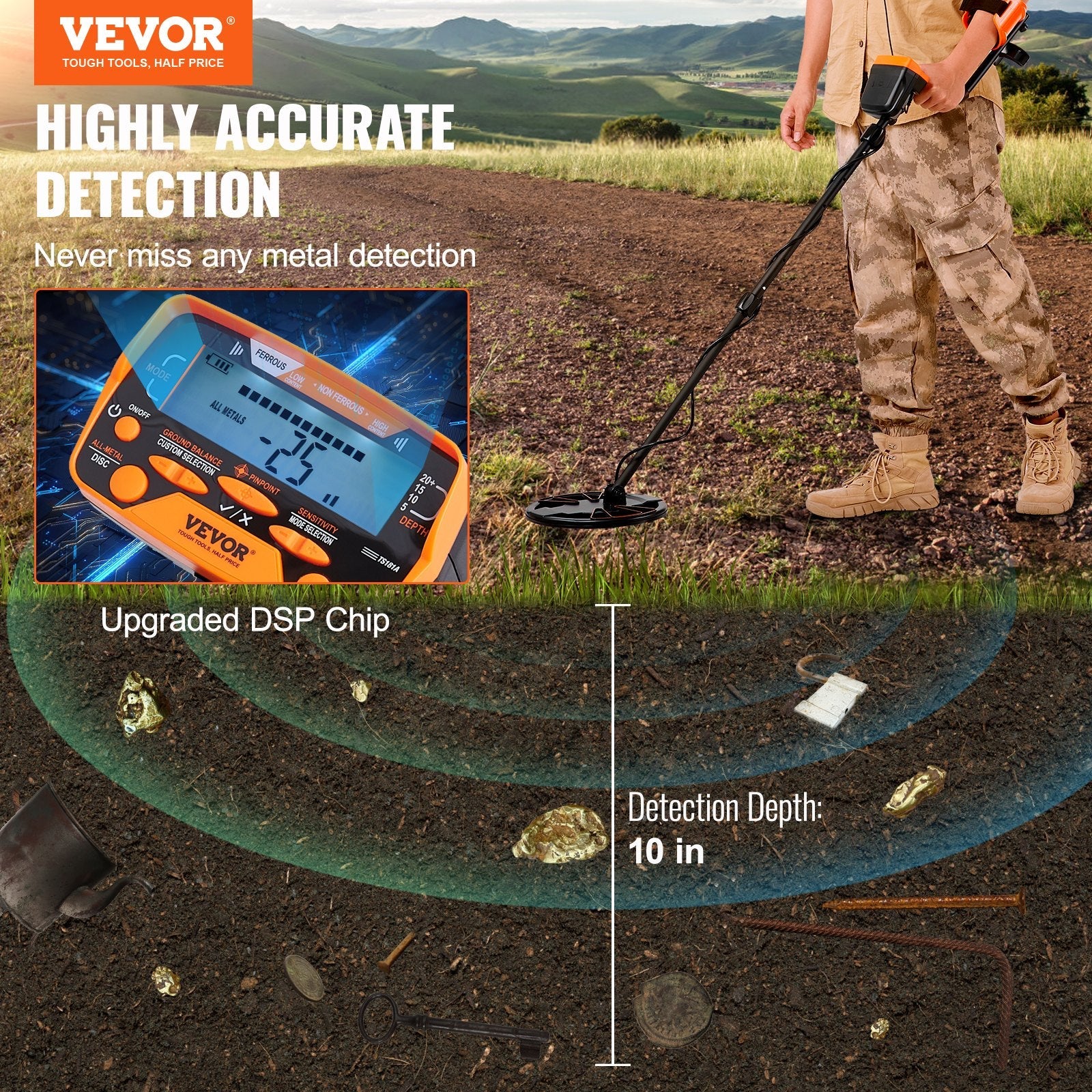 VEVOR Metal Detector for Adults & Kids, 10 Inch Waterproof Search Coil with LCD Display 7 Modes, Adjustable 41''-52'' Aluminum Stem, DSP Chip Higher Accuracy Gold Detector 10'' Detection Depth 