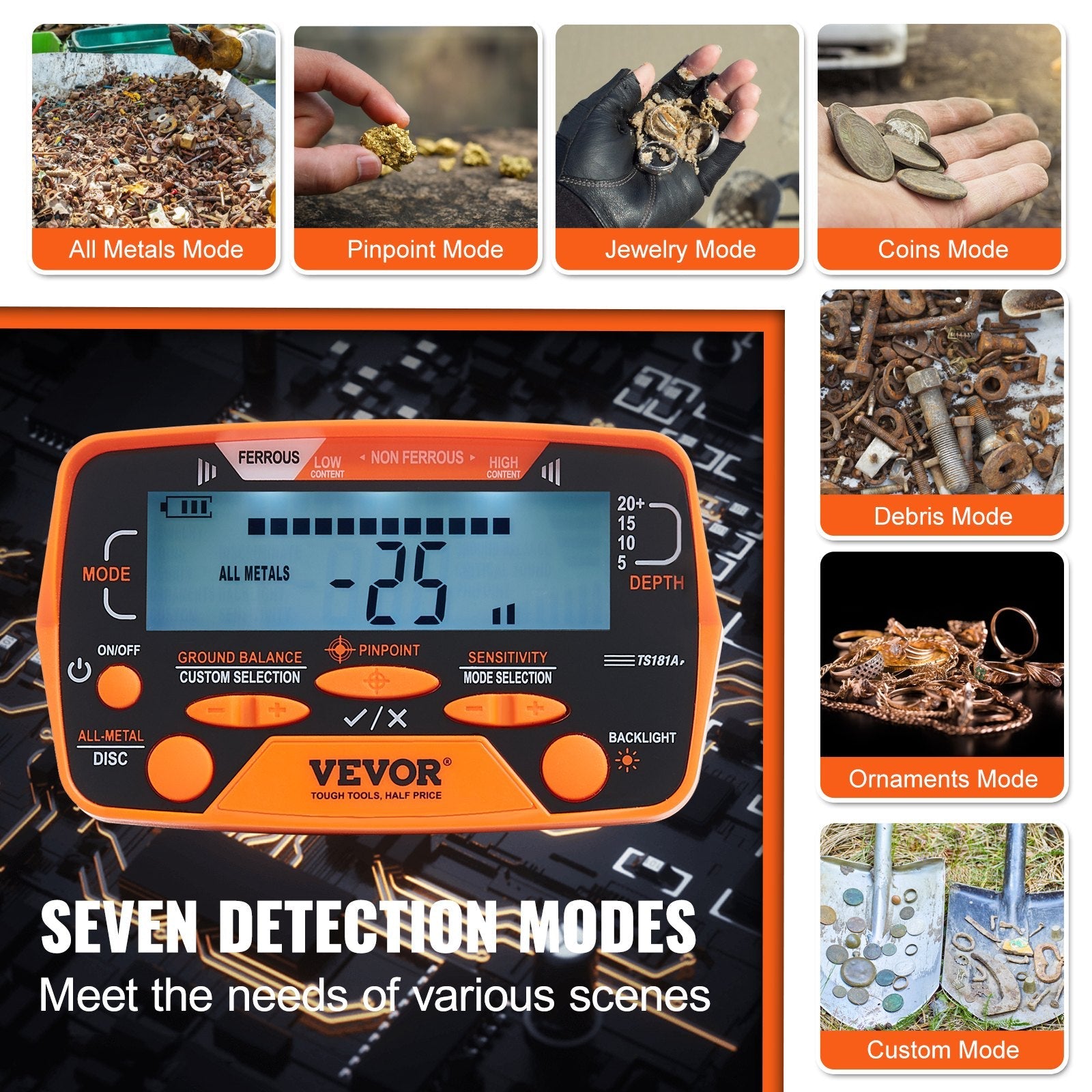 VEVOR Metal Detector for Adults & Kids, 10 Inch Waterproof Search Coil with LCD Display 7 Modes, Adjustable 41''-52'' Aluminum Stem, DSP Chip Higher Accuracy Gold Detector 10'' Detection Depth 