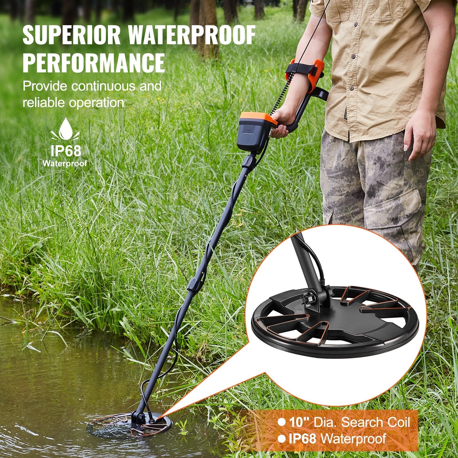 VEVOR Metal Detector for Adults & Kids, 10 Inch Waterproof Search Coil with LCD Display 7 Modes, Adjustable 41''-52'' Aluminum Stem, DSP Chip Higher Accuracy Gold Detector 10'' Detection Depth 