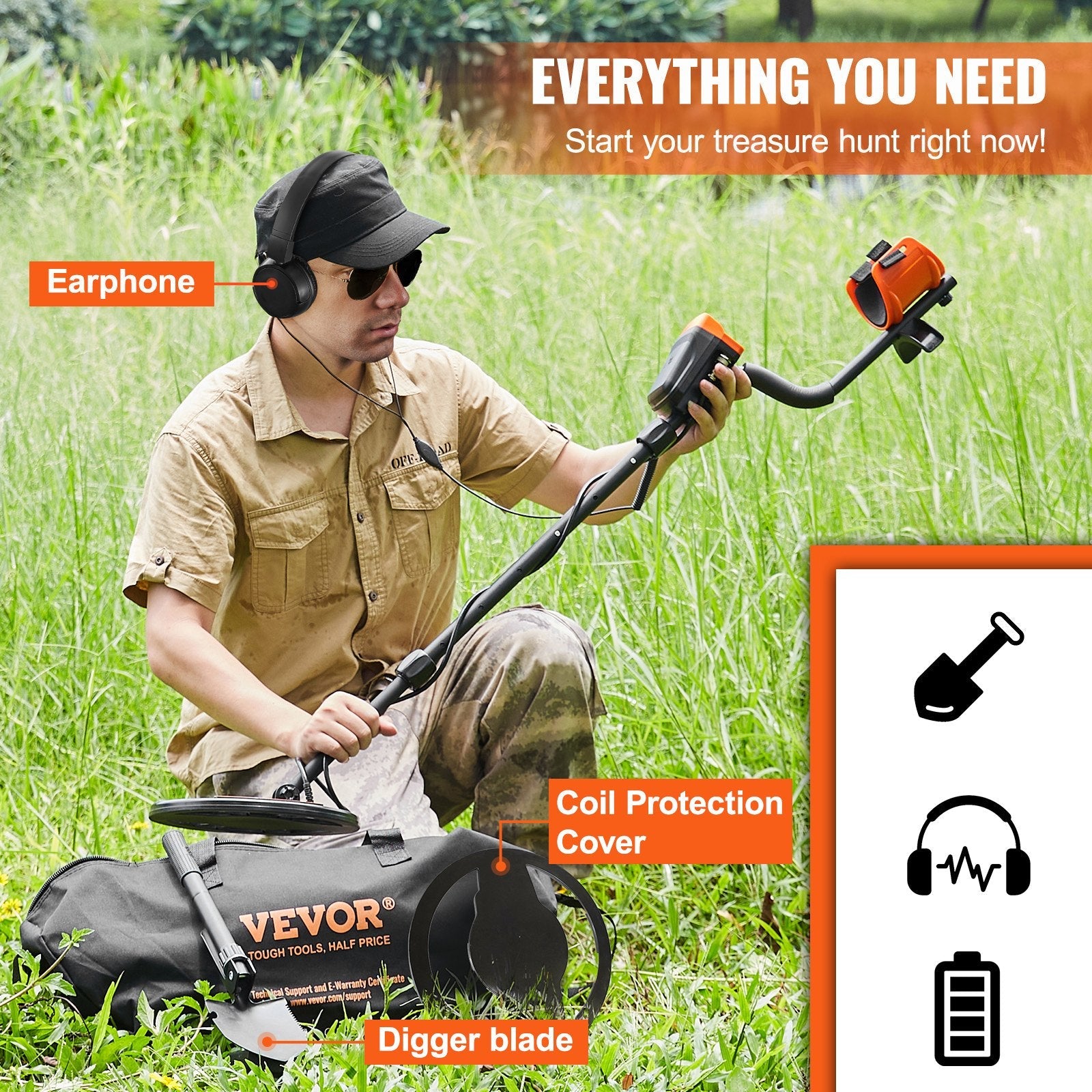 VEVOR Metal Detector for Adults & Kids, 10 Inch Waterproof Search Coil with LCD Display 7 Modes, Adjustable 41''-52'' Aluminum Stem, DSP Chip Higher Accuracy Gold Detector 10'' Detection Depth 