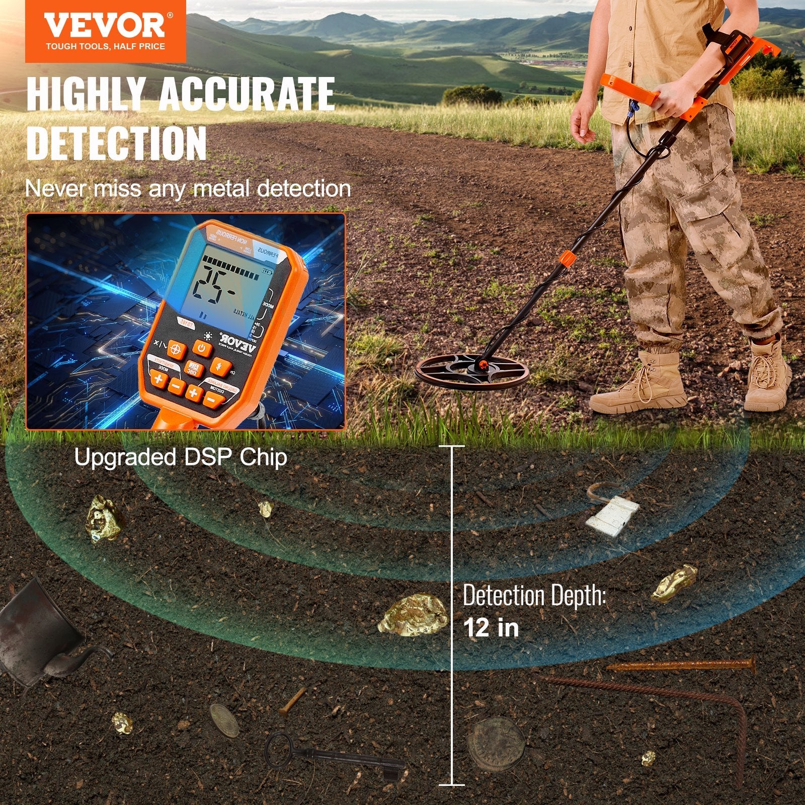 VEVOR Waterproof Metal Detector, 12" Coil, Professional Rechargeable Gold Detector, 39-50 in Adjustable with LCD 7 Modes Advanced DSP Chip Bluetooth Headset, IP68 for Detecting Gold Treasure Hunting 