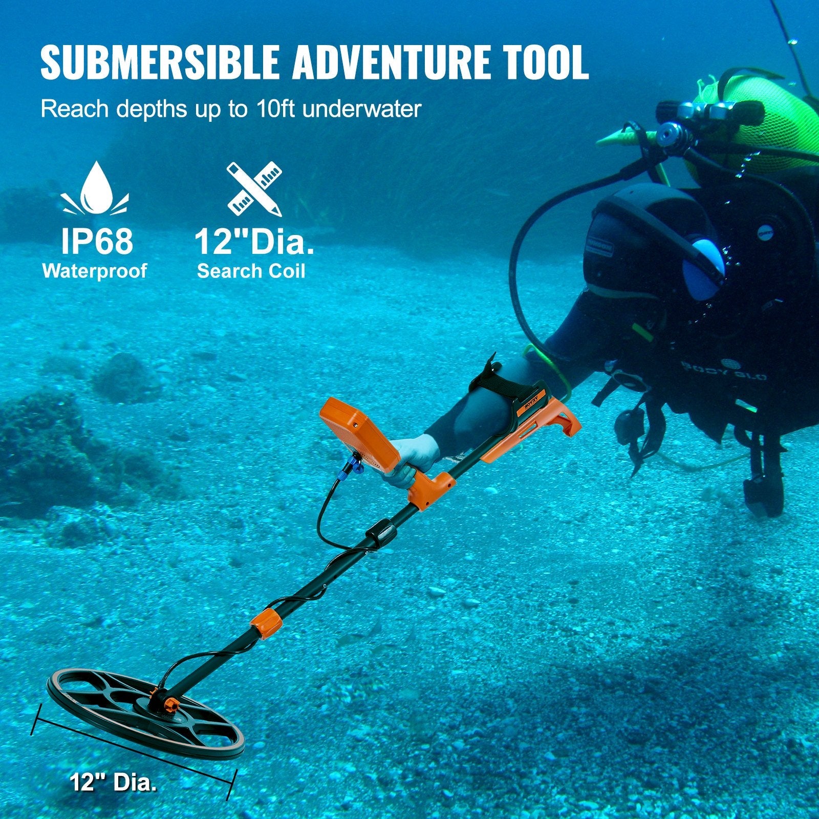 VEVOR Waterproof Metal Detector, 12" Coil, Professional Rechargeable Gold Detector, 39-50 in Adjustable with LCD 7 Modes Advanced DSP Chip Bluetooth Headset, IP68 for Detecting Gold Treasure Hunting 