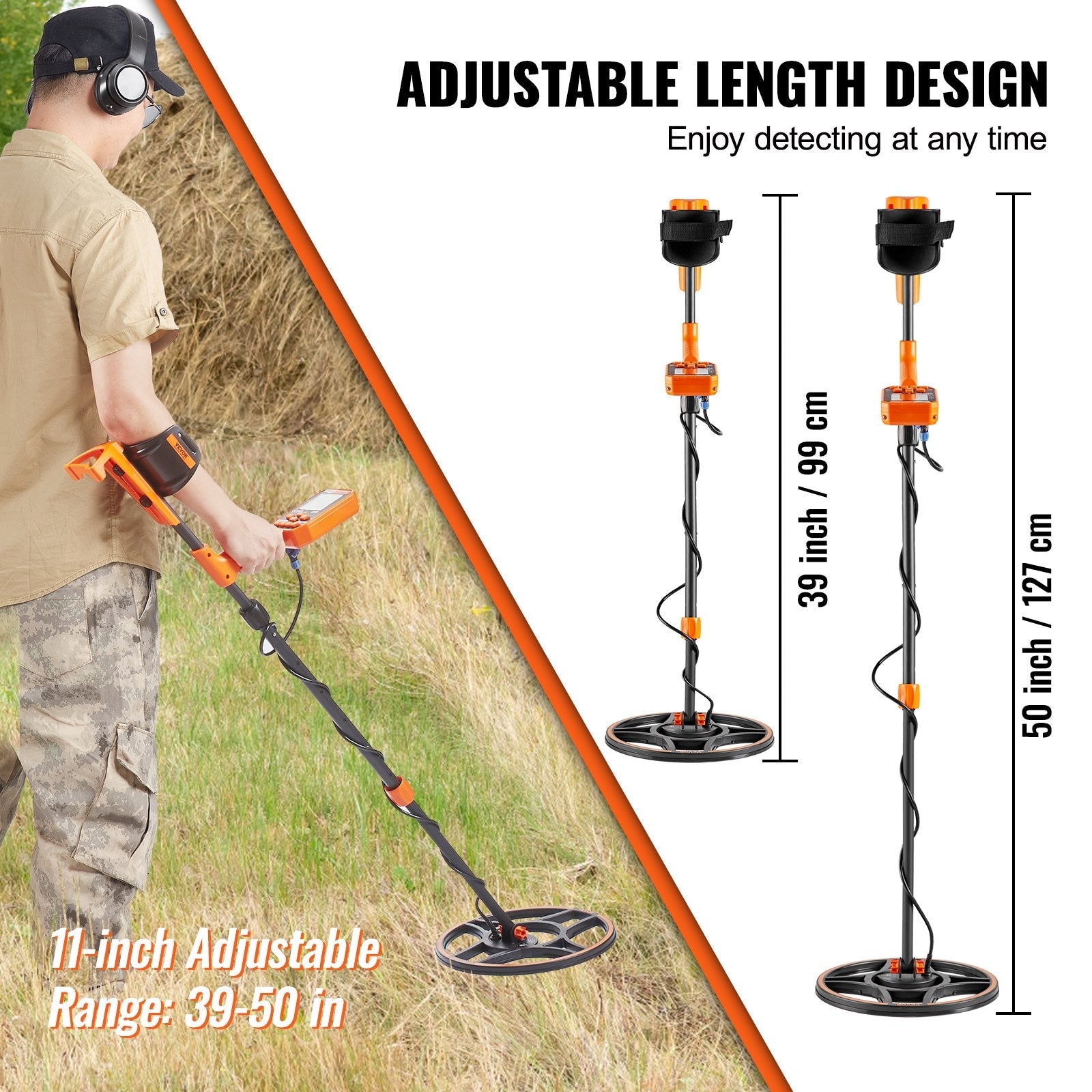 VEVOR Waterproof Metal Detector, 12" Coil, Professional Rechargeable Gold Detector, 39-50 in Adjustable with LCD 7 Modes Advanced DSP Chip Bluetooth Headset, IP68 for Detecting Gold Treasure Hunting 