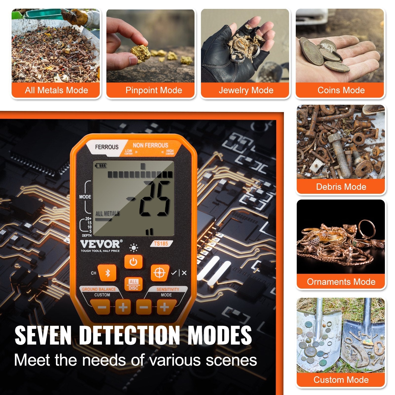 VEVOR Waterproof Metal Detector, 12" Coil, Professional Rechargeable Gold Detector, 39-50 in Adjustable with LCD 7 Modes Advanced DSP Chip Bluetooth Headset, IP68 for Detecting Gold Treasure Hunting 