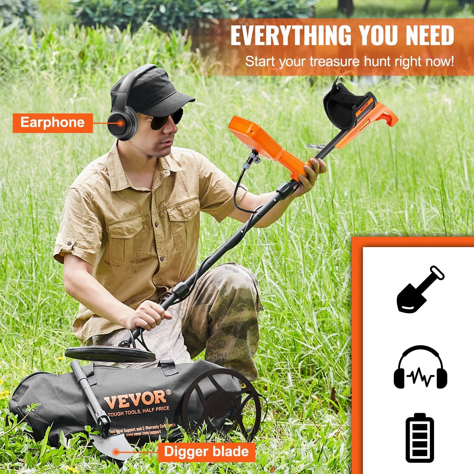 VEVOR Waterproof Metal Detector, 12" Coil, Professional Rechargeable Gold Detector, 39-50 in Adjustable with LCD 7 Modes Advanced DSP Chip Bluetooth Headset, IP68 for Detecting Gold Treasure Hunting 