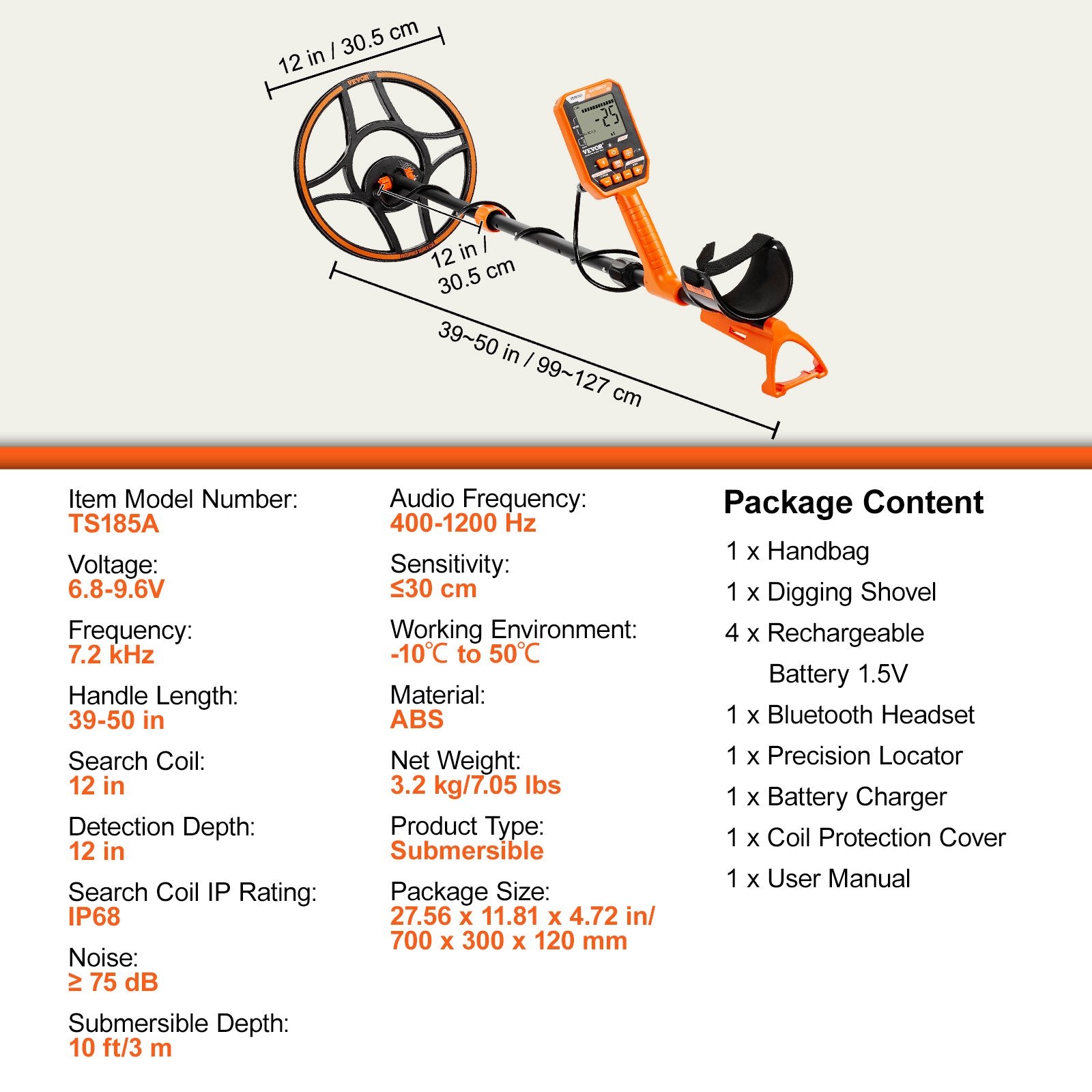 VEVOR Waterproof Metal Detector, 12" Coil, Professional Rechargeable Gold Detector, 39-50 in Adjustable with LCD 7 Modes Advanced DSP Chip Bluetooth Headset, IP68 for Detecting Gold Treasure Hunting 
