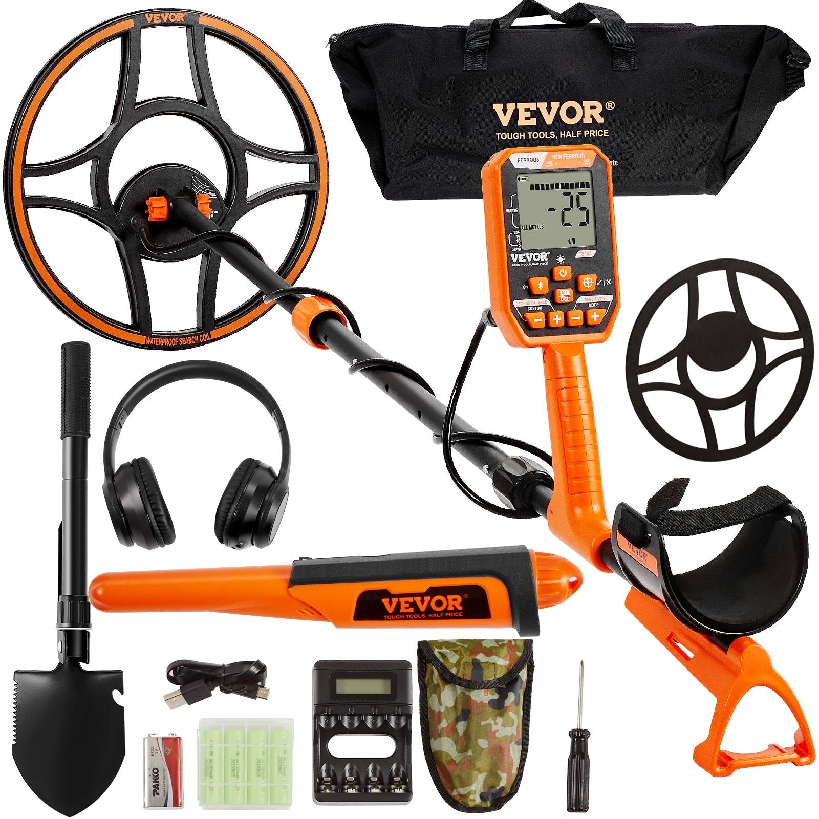 VEVOR Waterproof Metal Detector, 12" Coil, Professional Rechargeable Gold Detector, 39-50 in Adjustable with LCD 7 Modes Advanced DSP Chip Bluetooth Headset, IP68 for Detecting Gold Treasure Hunting 