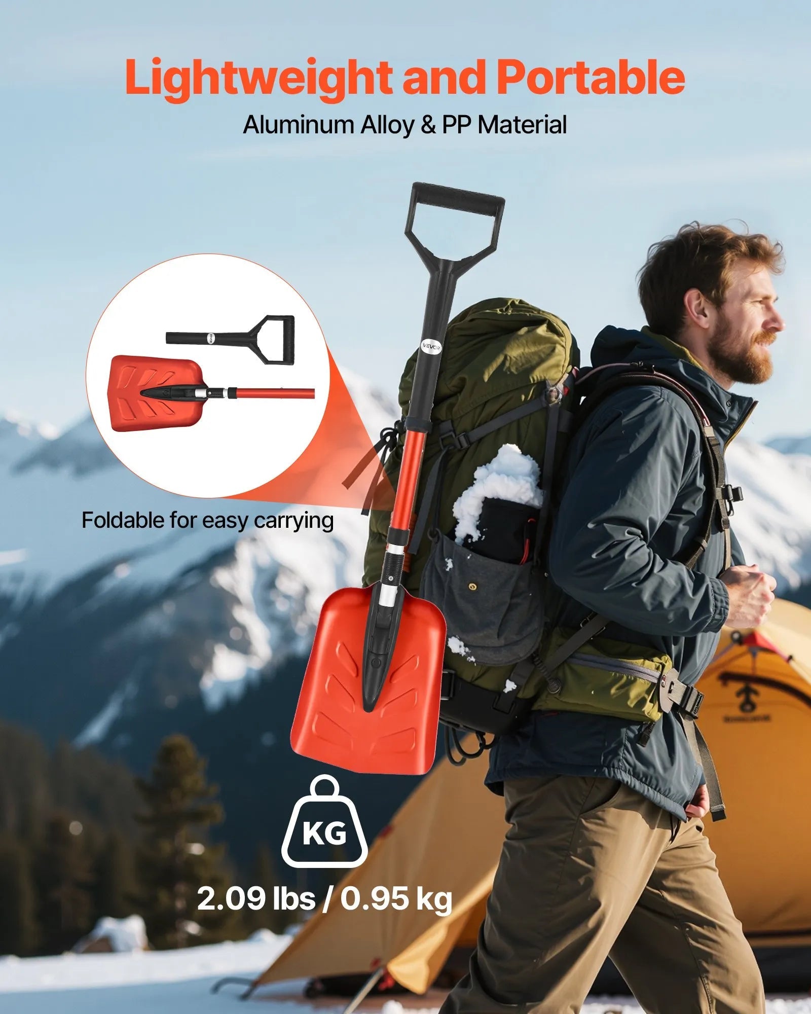 VEVOR Snow Shovel for Driveway, 9 in Foldable Snow Shovel with D-shaped Handle, , 36-40 in Adjustable, Lightweight Aluminum Alloy Snows Removal Tool, Reduce Back Strains for Garden Car Camping 