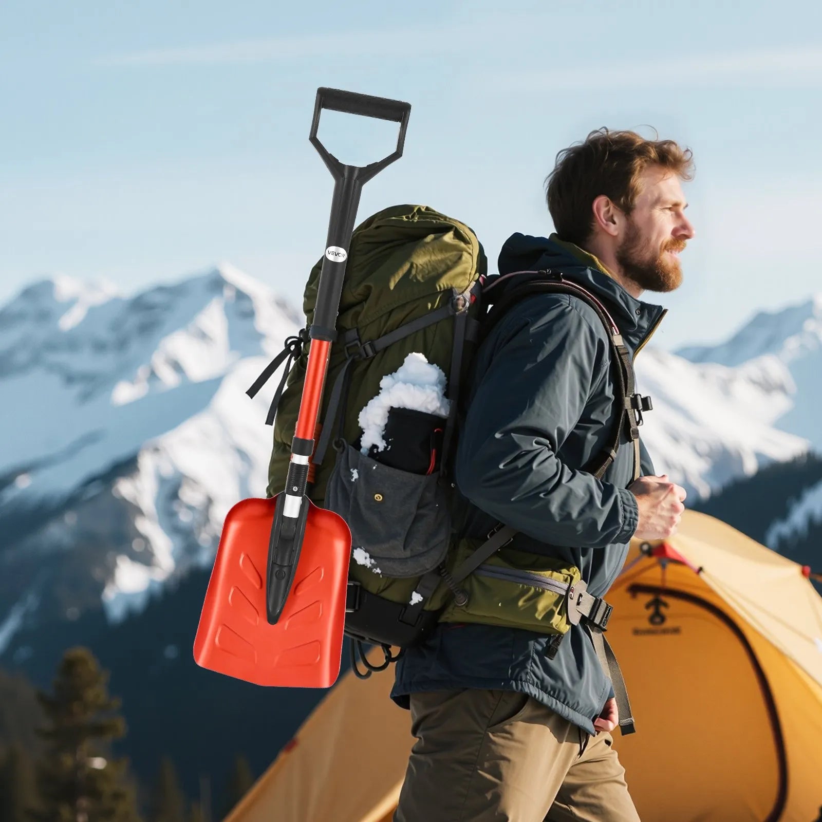 VEVOR Snow Shovel for Driveway, 9 in Foldable Snow Shovel with D-shaped Handle, , 36-40 in Adjustable, Lightweight Aluminum Alloy Snows Removal Tool, Reduce Back Strains for Garden Car Camping 