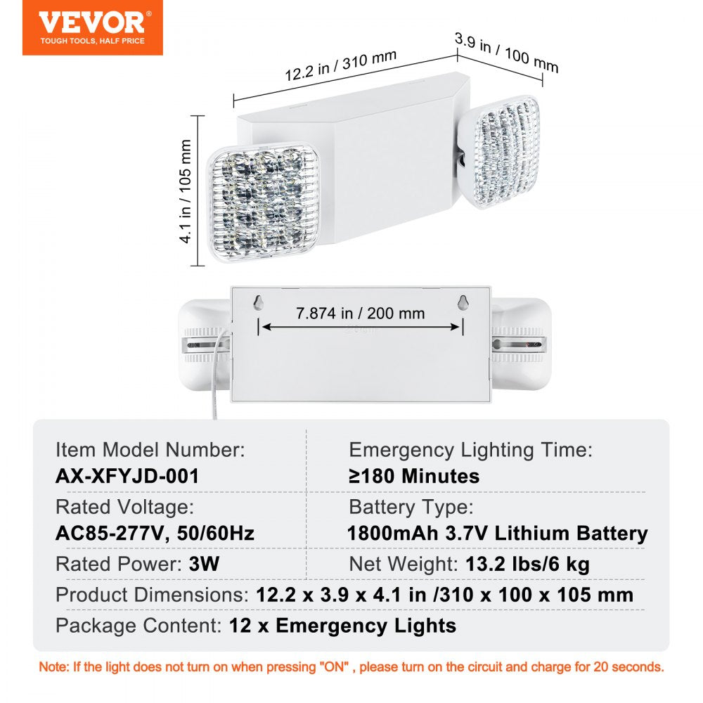 VEVOR 12 PCs Commercial Emergency Light LED Exit Lighting Fixture Backup Battery 