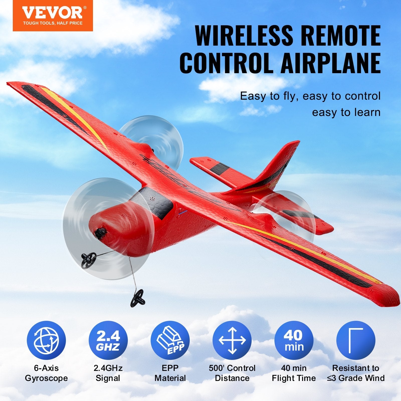 VEVOR RC Airplane EPP Foam RC Plane Toy with 2.4 GHz Remote Control 2 Batteries 