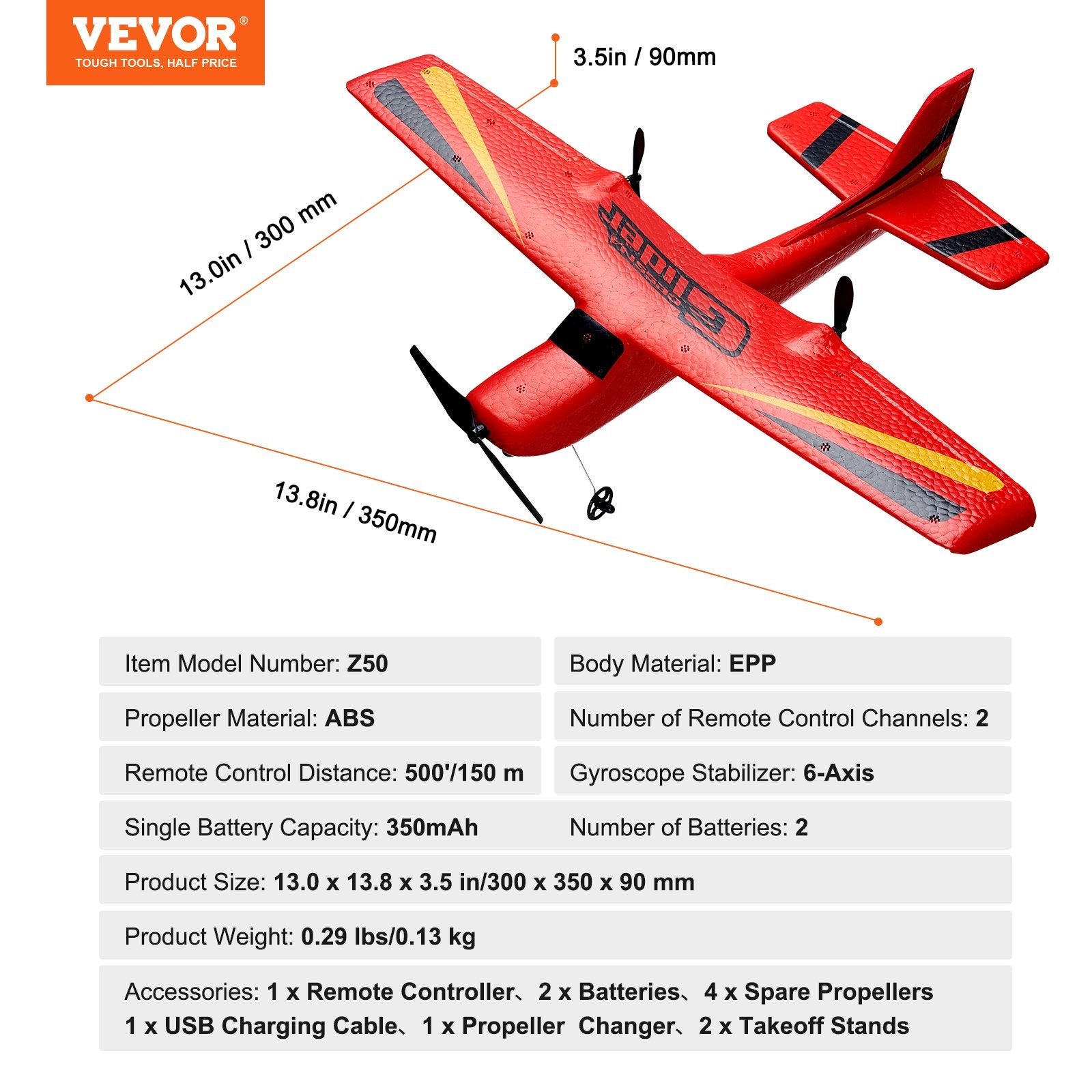VEVOR RC Airplane EPP Foam RC Plane Toy with 2.4 GHz Remote Control 2 Batteries 