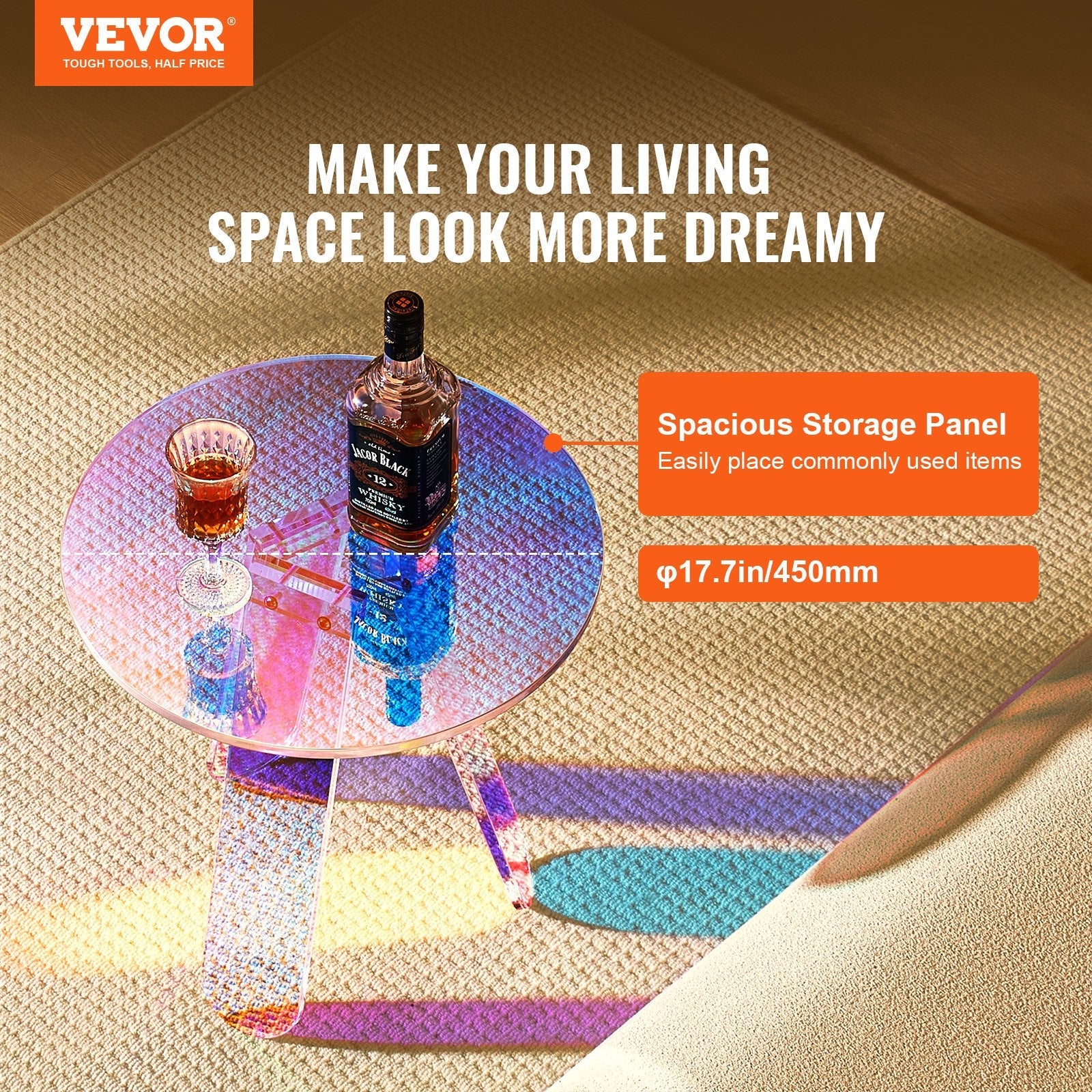 VEVOR Round Iridescent Side Table, Acrylic End Table, Clear Rainbow Acrylic Coffee Table for Drink, Food, Snack used in Living Room, Bedroom, and Study 