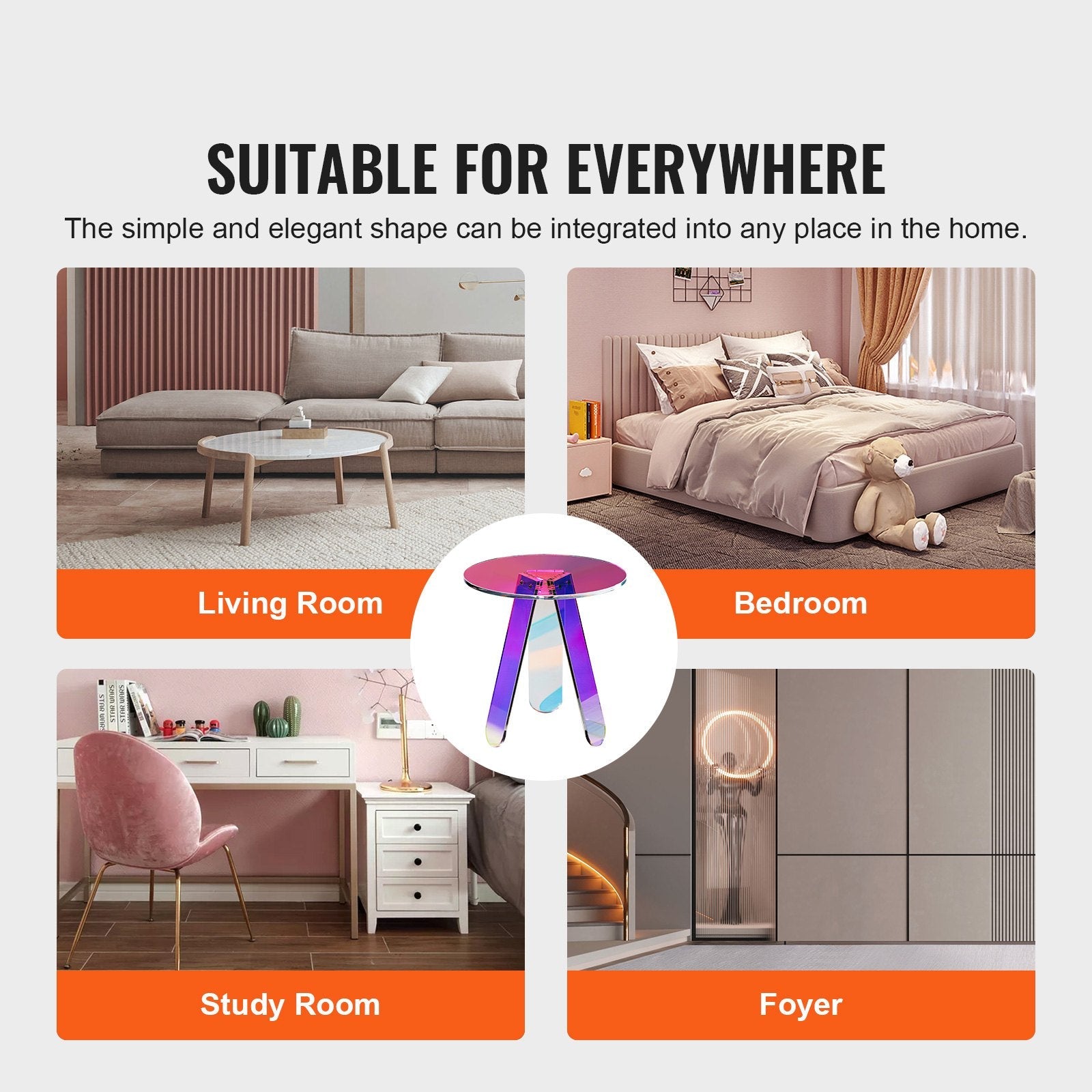 VEVOR Round Iridescent Side Table, Acrylic End Table, Clear Rainbow Acrylic Coffee Table for Drink, Food, Snack used in Living Room, Bedroom, and Study 