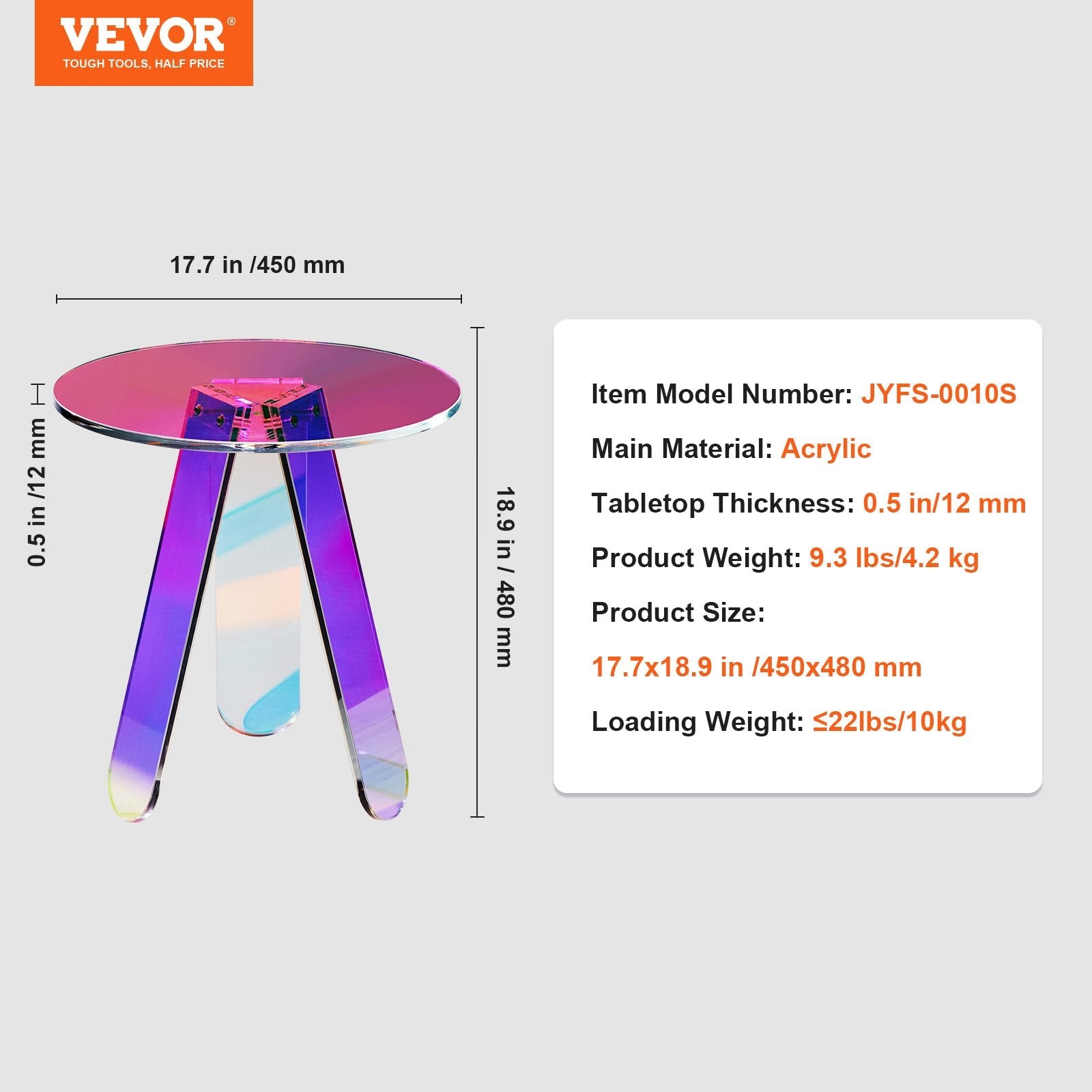 VEVOR Round Iridescent Side Table, Acrylic End Table, Clear Rainbow Acrylic Coffee Table for Drink, Food, Snack used in Living Room, Bedroom, and Study 