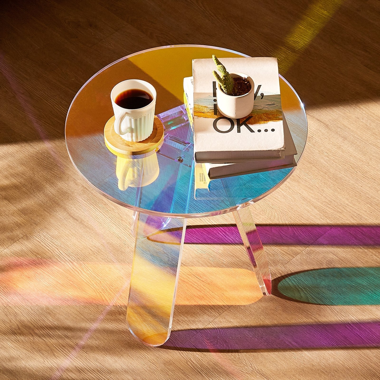VEVOR Round Iridescent Side Table, Acrylic End Table, Clear Rainbow Acrylic Coffee Table for Drink, Food, Snack used in Living Room, Bedroom, and Study 