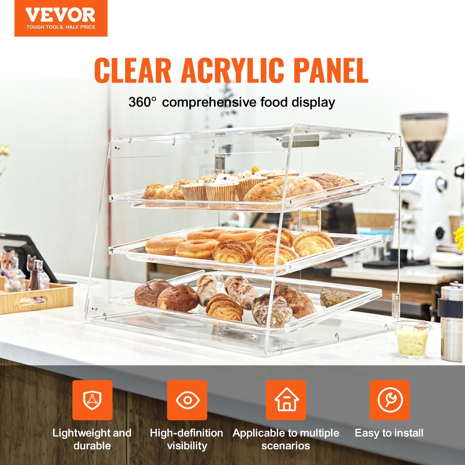 VEVOR Pastry Display Case, 3-Tier Commercial Countertop Bakery Display Case, Acrylic Display Box with Rear Door Access & Removable Shelves, Keep Fresh for Donut Bagels Cake Cookie, 20.7"x14.2"x16.3" 