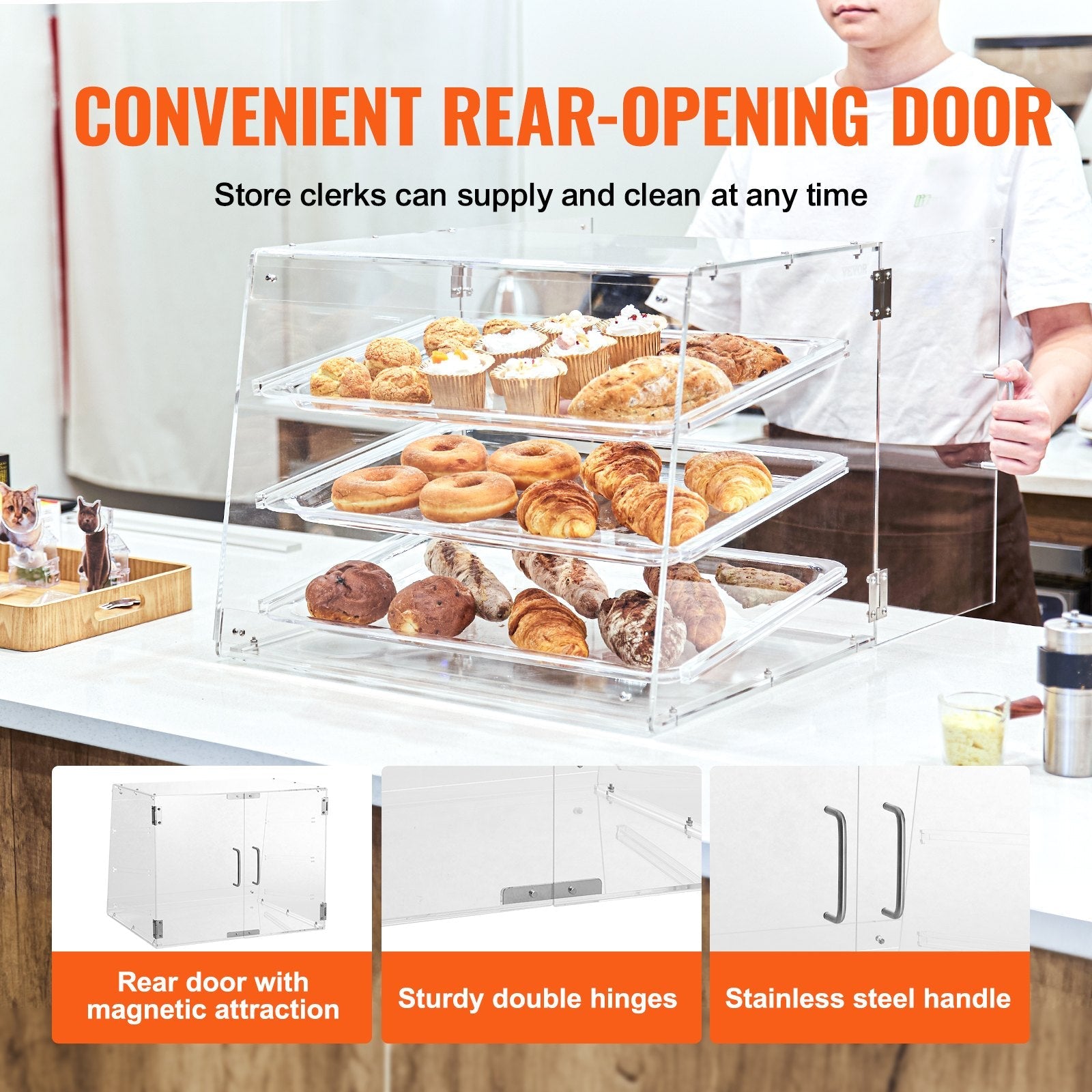 VEVOR Pastry Display Case, 3-Tier Commercial Countertop Bakery Display Case, Acrylic Display Box with Rear Door Access & Removable Shelves, Keep Fresh for Donut Bagels Cake Cookie, 20.7"x14.2"x16.3" 