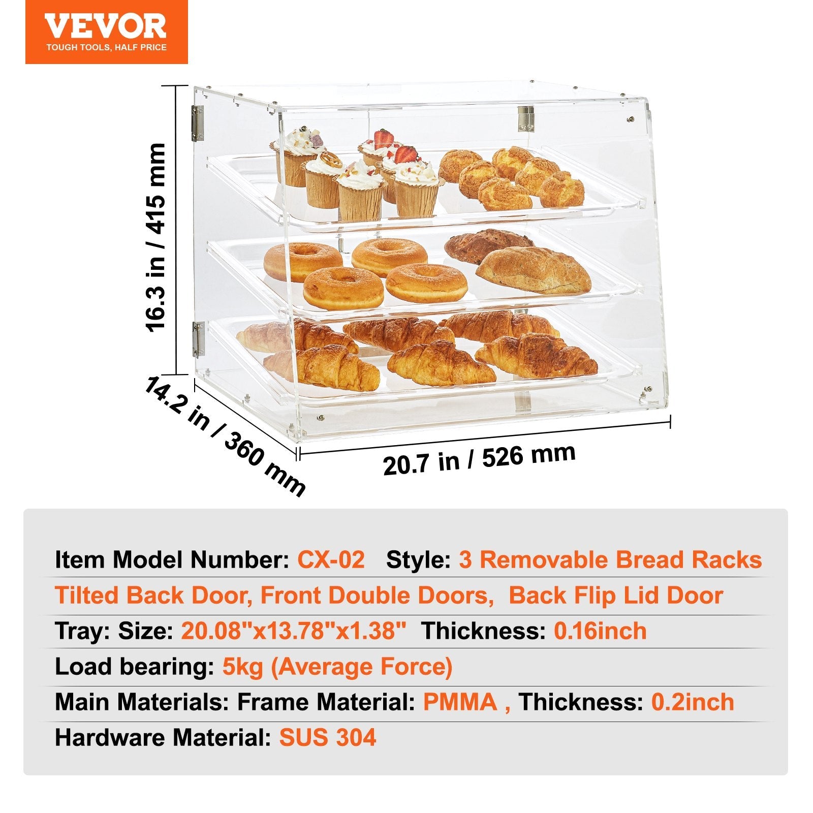 VEVOR Pastry Display Case, 3-Tier Commercial Countertop Bakery Display Case, Acrylic Display Box with Rear Door Access & Removable Shelves, Keep Fresh for Donut Bagels Cake Cookie, 20.7"x14.2"x16.3" 