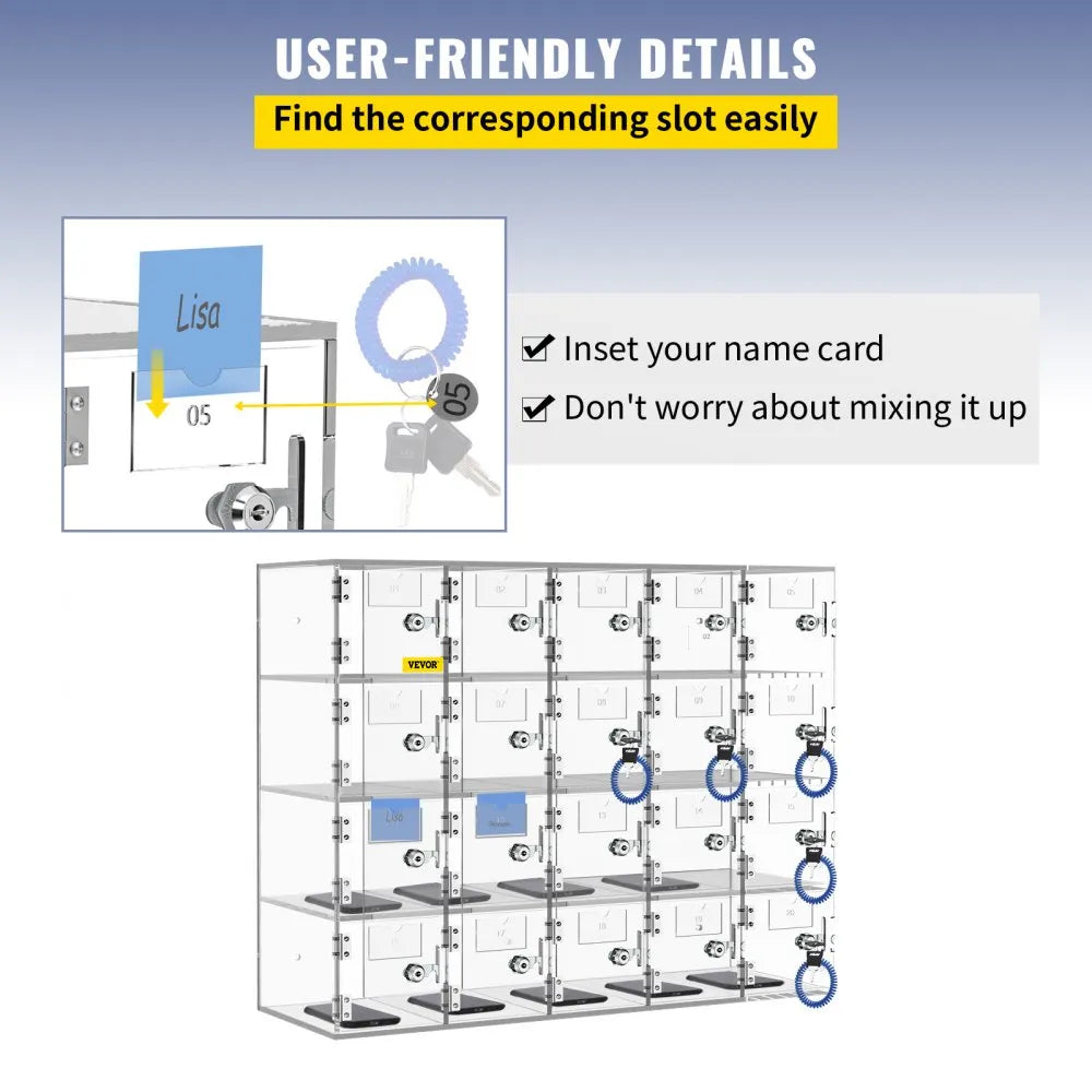 20-Slot Locking Cell Phone Storage Locker, Wall-Mount or Freestanding Acrylic Cabinet with Keys
