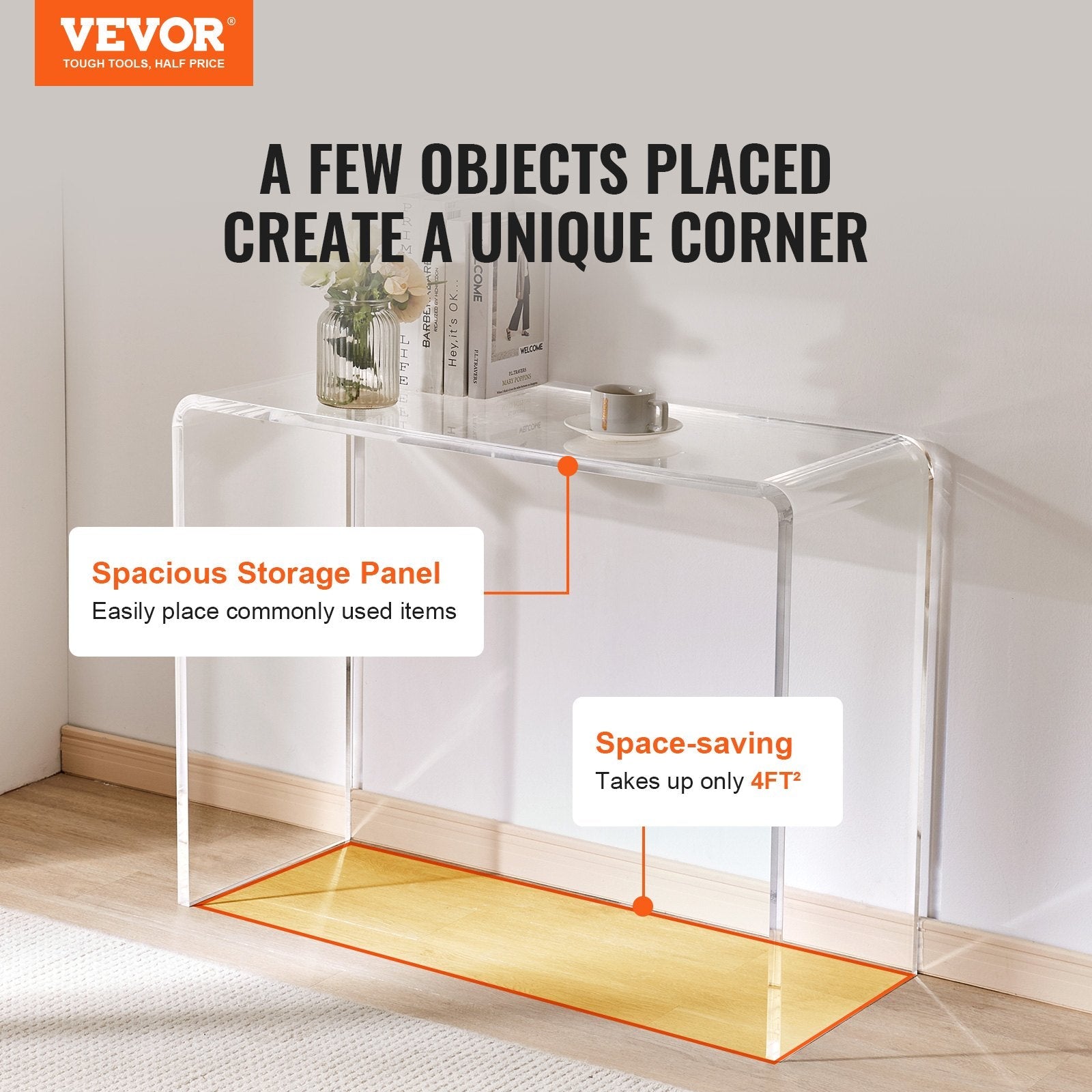 VEVOR Acrylic Console Table, Clear Acrylic End Table, Transparent Acrylic Side Table 37.95x15x29.13 inch, for Foyer, Living Room, Dining Room 