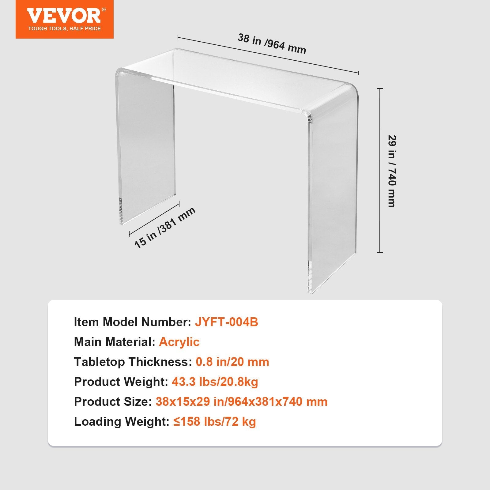 VEVOR Acrylic Console Table, Clear Acrylic End Table, Transparent Acrylic Side Table 37.95x15x29.13 inch, for Foyer, Living Room, Dining Room 