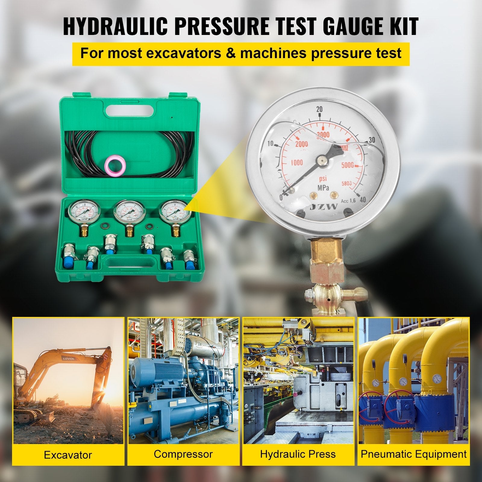 VEVOR Hydraulic Pressure Test Kit 25/40/60MPa, Hydraulic Test Gauge Kit with 6 Couplings, Hydraulic Gauge Kit Made of 304 Stainless Steel, for Excavator Construction Machinery, Green 