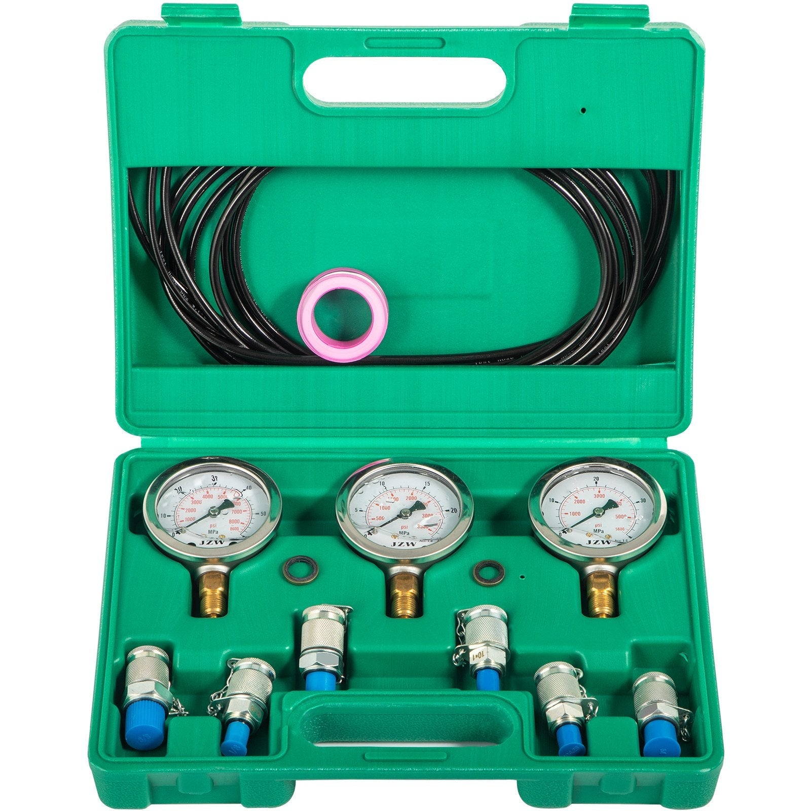 VEVOR Hydraulic Pressure Test Kit 25/40/60MPa, Hydraulic Test Gauge Kit with 6 Couplings, Hydraulic Gauge Kit Made of 304 Stainless Steel, for Excavator Construction Machinery, Green 