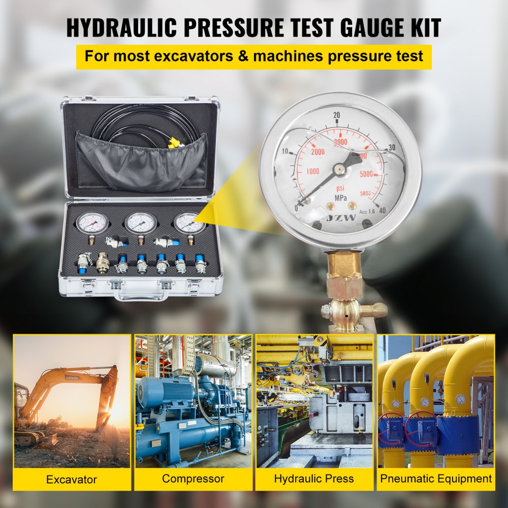 Hydraulic Pressure Gauge Test Kit 9000 Psi Tester No Distortion Construction 
