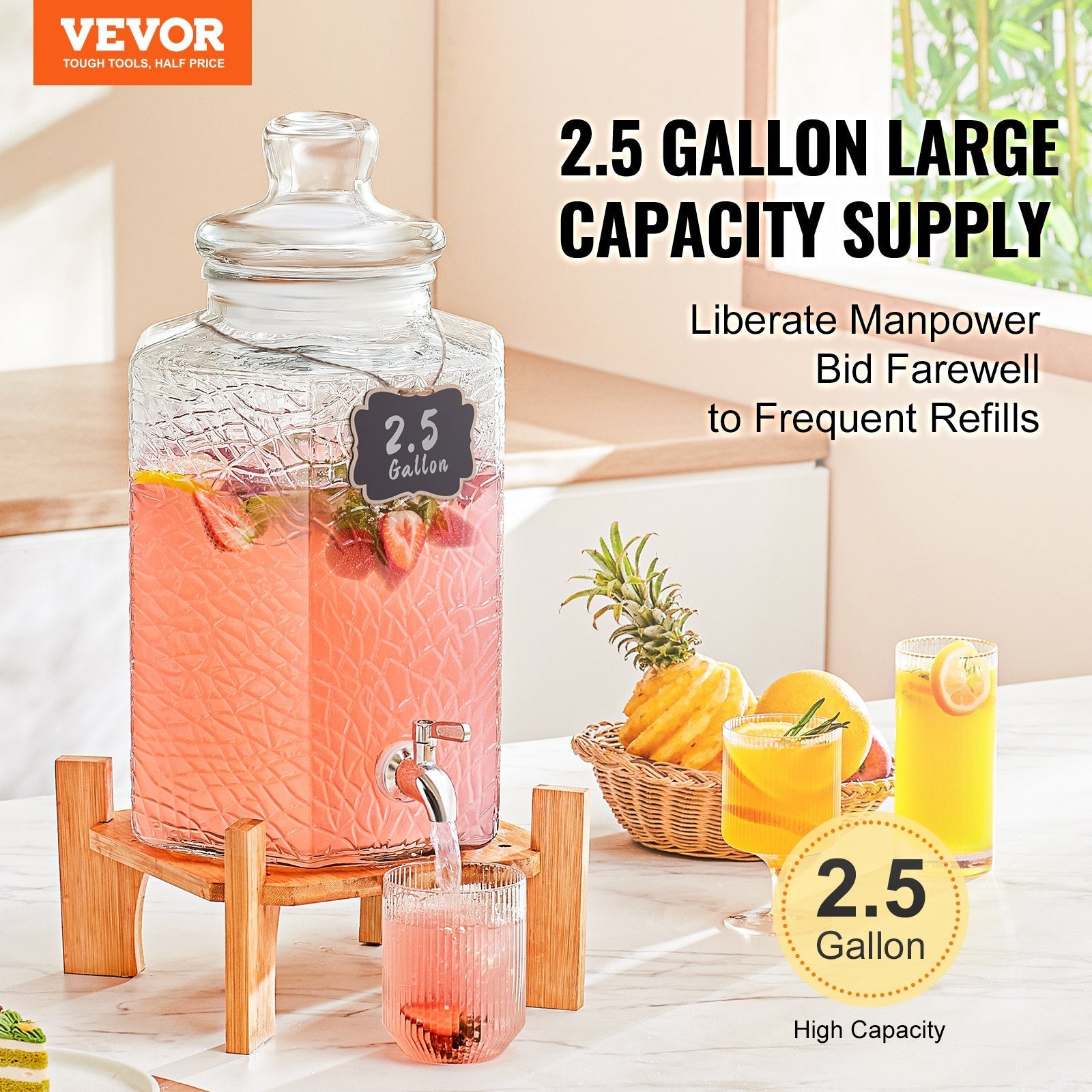 VEVOR Beverage Dispenser, 2.5 Gallon Drink Dispensers for Parties, Glass Juice Dispenser with Stand, Stainless Steel Spigot, Iced Tea Lemonade Juice Water Dispenser, for Restaurants, Hotels, Parties 