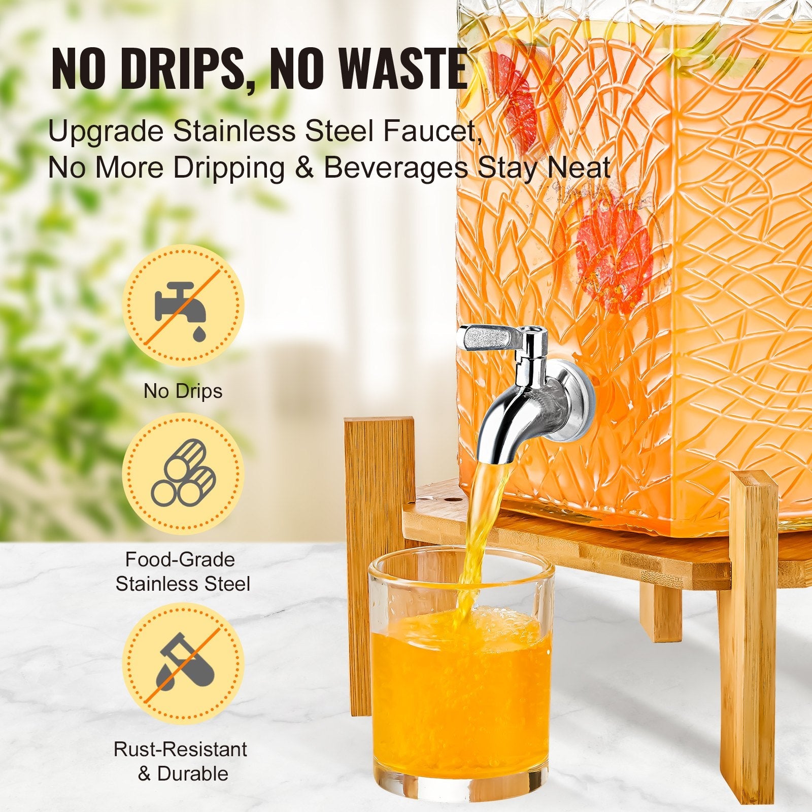 VEVOR Beverage Dispenser, 2.5 Gallon Drink Dispensers for Parties, Glass Juice Dispenser with Stand, Stainless Steel Spigot, Iced Tea Lemonade Juice Water Dispenser, for Restaurants, Hotels, Parties 