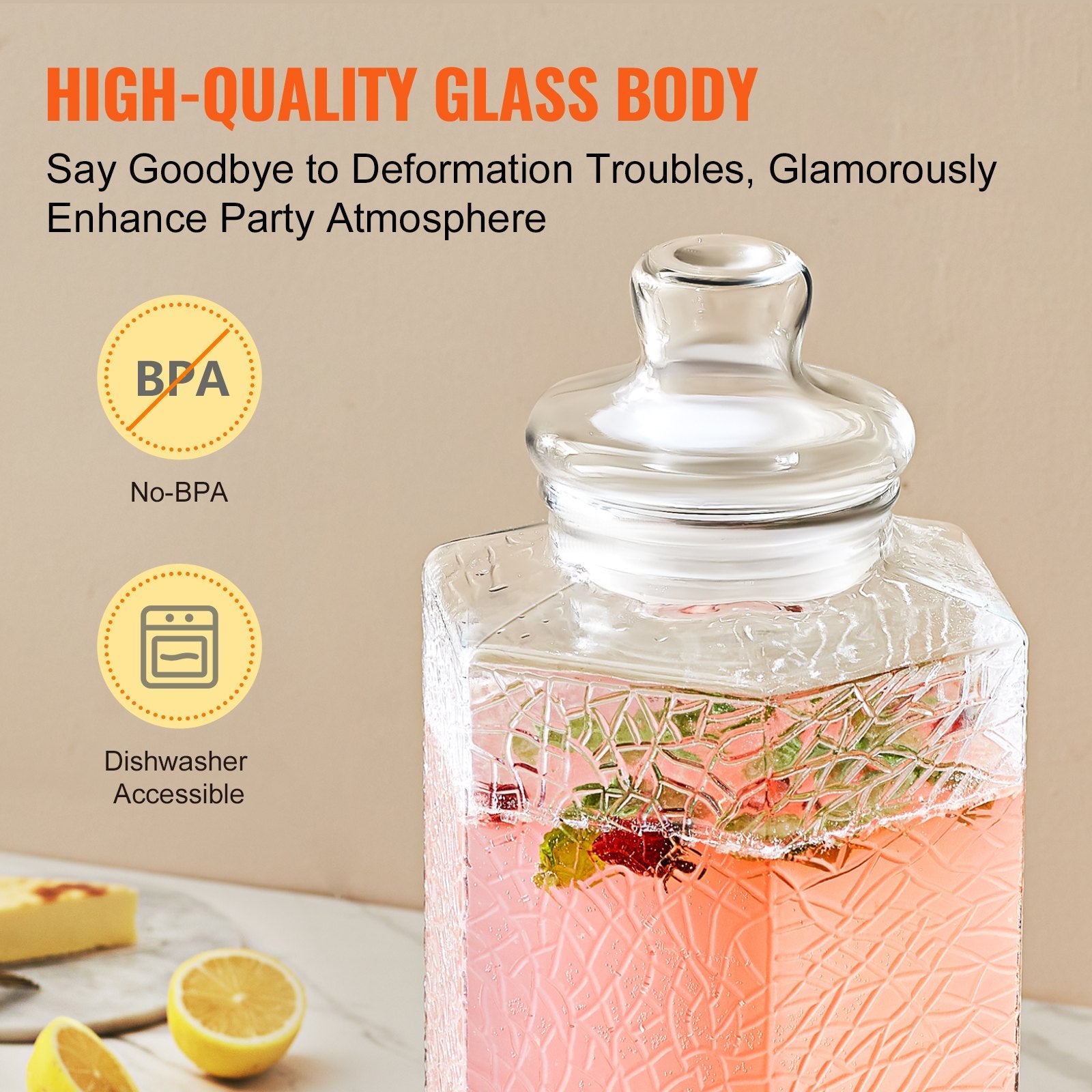VEVOR Beverage Dispenser, 2.5 Gallon Drink Dispensers for Parties, Glass Juice Dispenser with Stand, Stainless Steel Spigot, Iced Tea Lemonade Juice Water Dispenser, for Restaurants, Hotels, Parties 