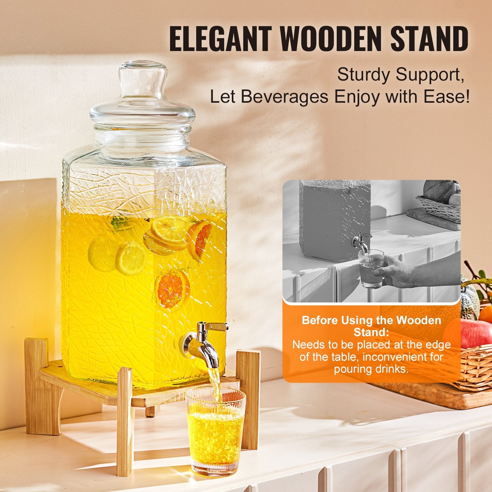 VEVOR Beverage Dispenser, 2.5 Gallon Drink Dispensers for Parties, Glass Juice Dispenser with Stand, Stainless Steel Spigot, Iced Tea Lemonade Juice Water Dispenser, for Restaurants, Hotels, Parties 