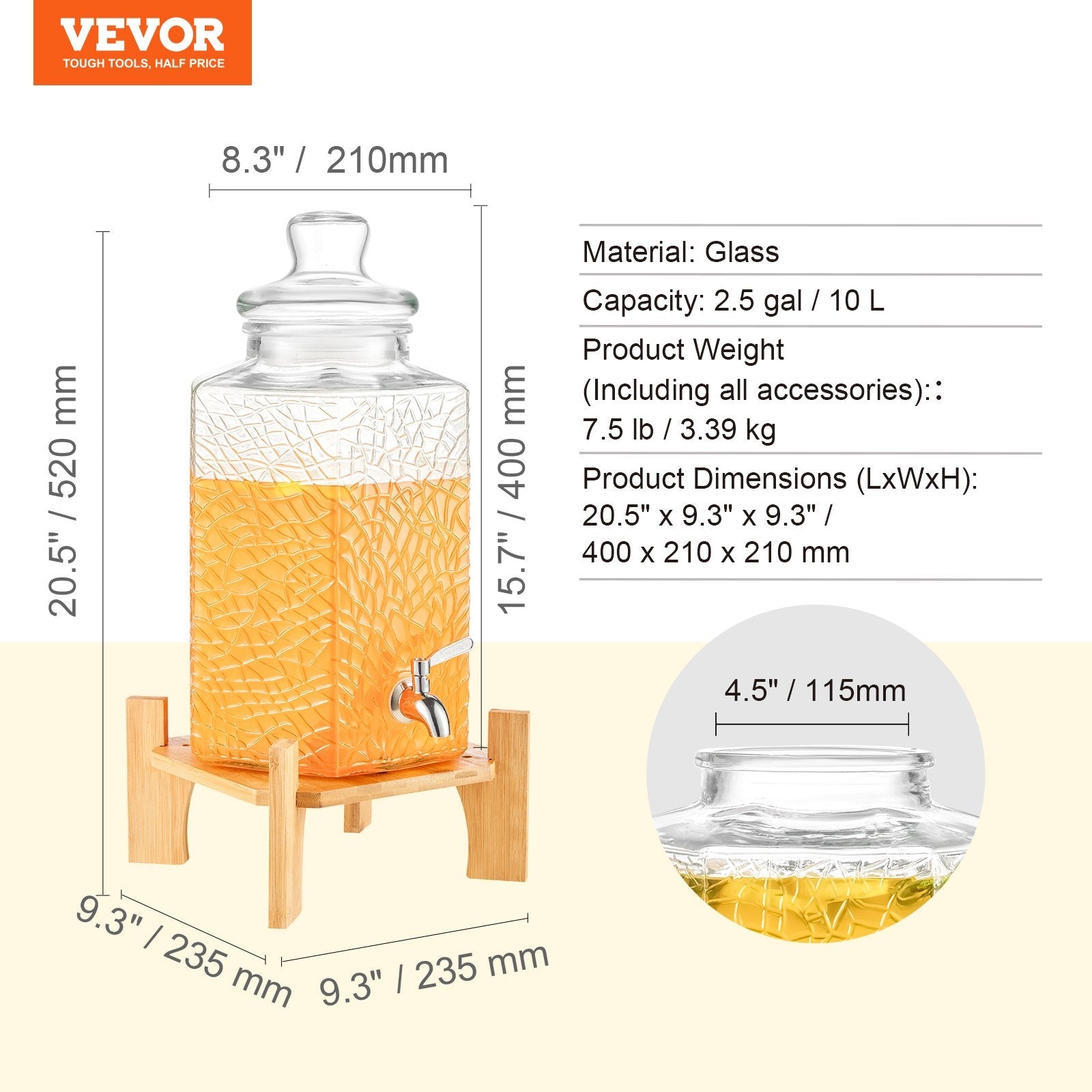 VEVOR Beverage Dispenser, 2.5 Gallon Drink Dispensers for Parties, Glass Juice Dispenser with Stand, Stainless Steel Spigot, Iced Tea Lemonade Juice Water Dispenser, for Restaurants, Hotels, Parties 