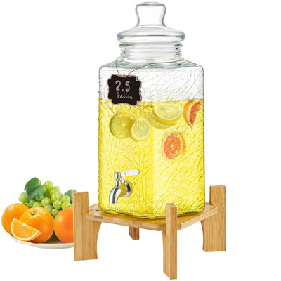 VEVOR Beverage Dispenser, 2.5 Gallon Drink Dispensers for Parties, Glass Juice Dispenser with Stand, Stainless Steel Spigot, Iced Tea Lemonade Juice Water Dispenser, for Restaurants, Hotels, Parties 