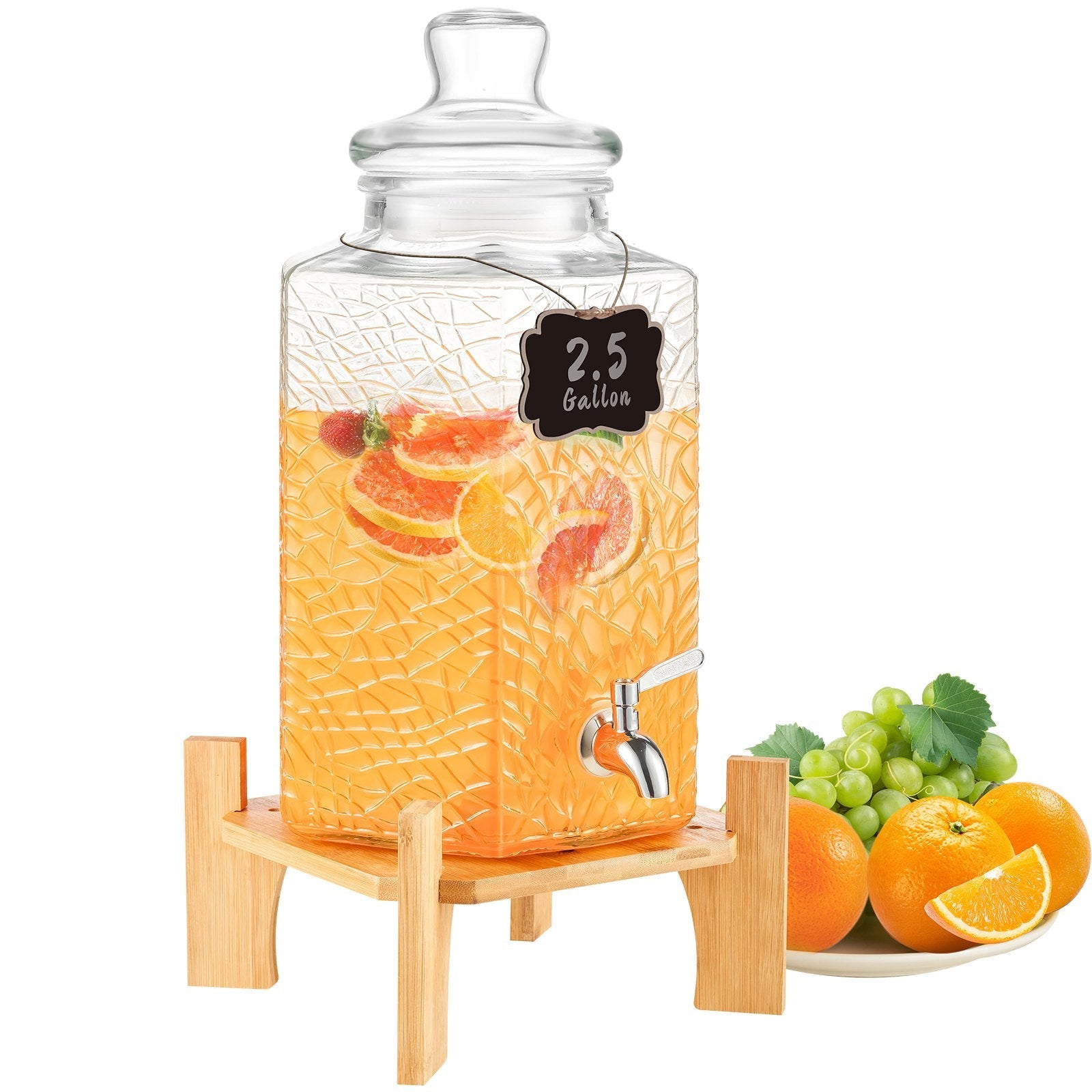 VEVOR Beverage Dispenser, 2.5 Gallon Drink Dispensers for Parties, Glass Juice Dispenser with Stand, Stainless Steel Spigot, Iced Tea Lemonade Juice Water Dispenser, for Restaurants, Hotels, Parties 