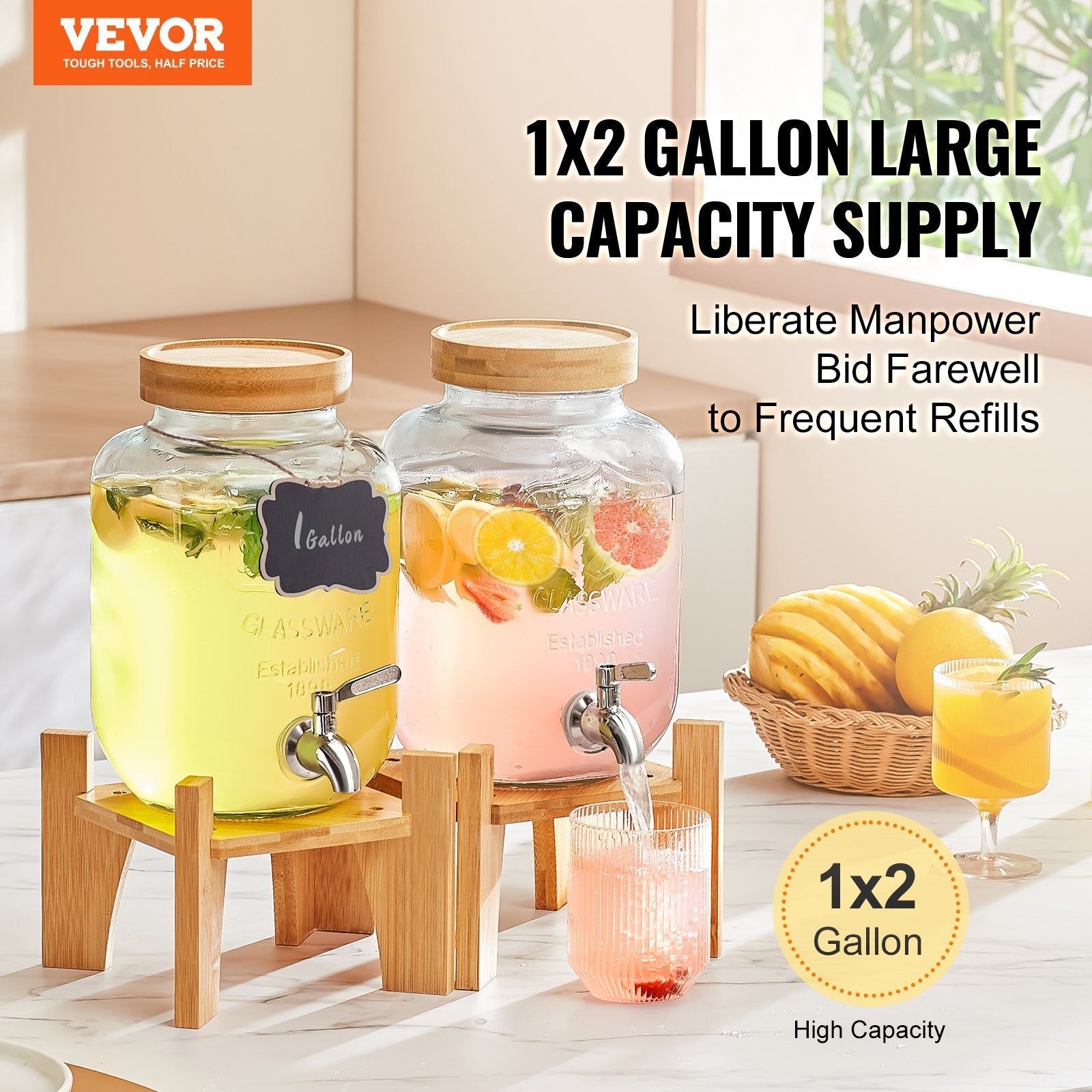 VEVOR Beverage Dispenser, 1 Gallon Drink Dispensers for Parties, Glass Juice Dispenser with Stand, Stainless Steel Spigot, Iced Tea Lemonade Juice Water Dispenser, for Restaurants, Hotels, Parties 