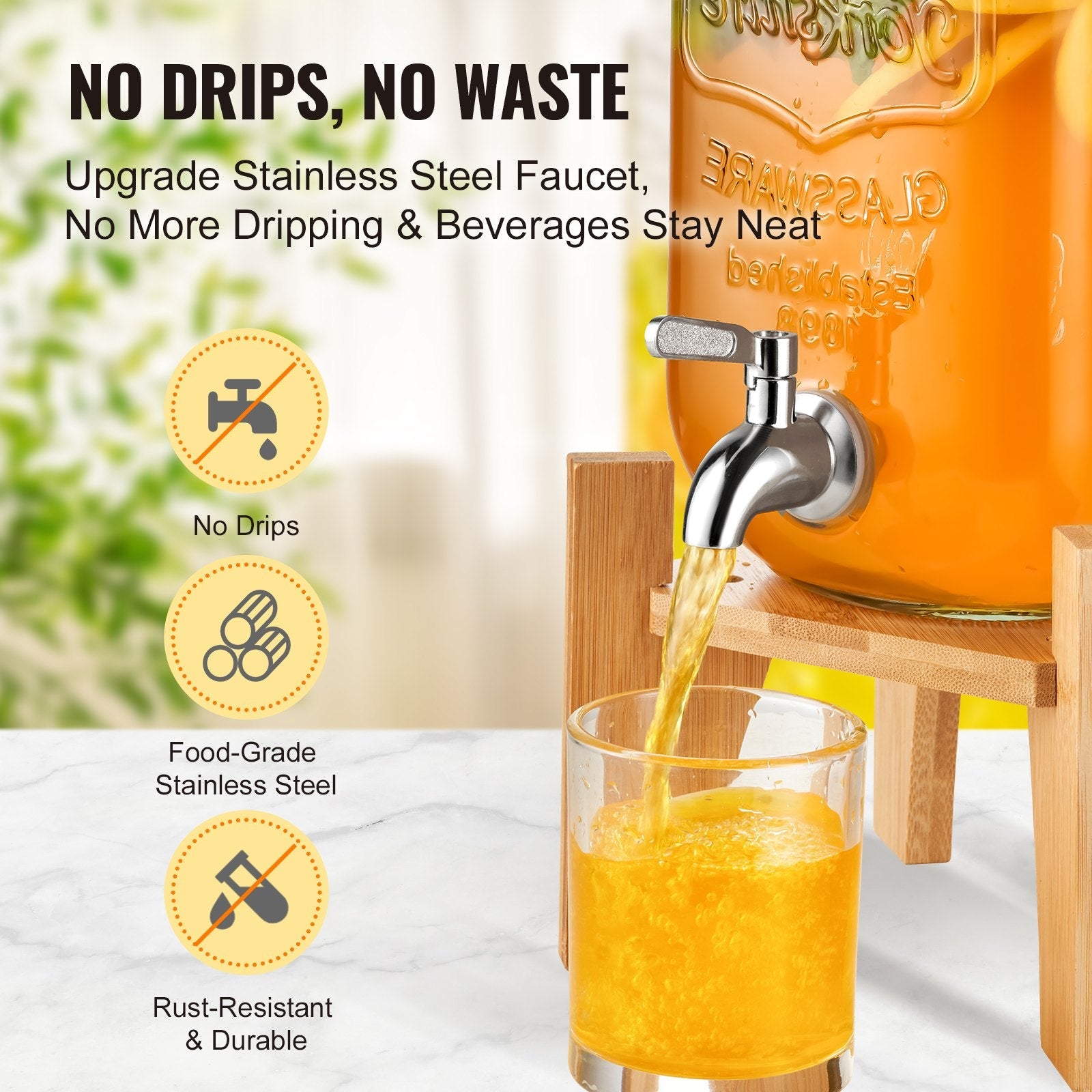 VEVOR Beverage Dispenser, 1 Gallon Drink Dispensers for Parties, Glass Juice Dispenser with Stand, Stainless Steel Spigot, Iced Tea Lemonade Juice Water Dispenser, for Restaurants, Hotels, Parties 