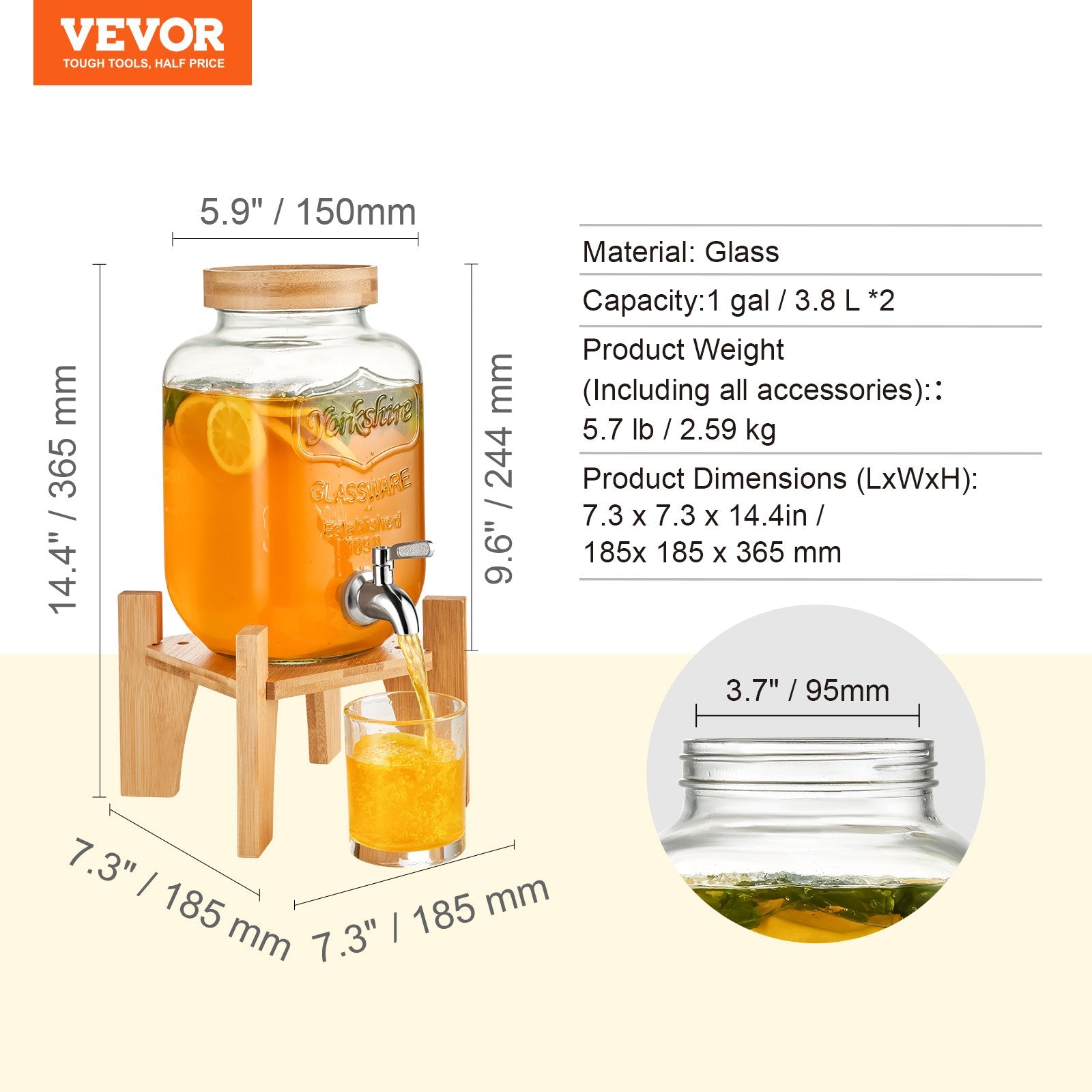 VEVOR Beverage Dispenser, 1 Gallon Drink Dispensers for Parties, Glass Juice Dispenser with Stand, Stainless Steel Spigot, Iced Tea Lemonade Juice Water Dispenser, for Restaurants, Hotels, Parties 
