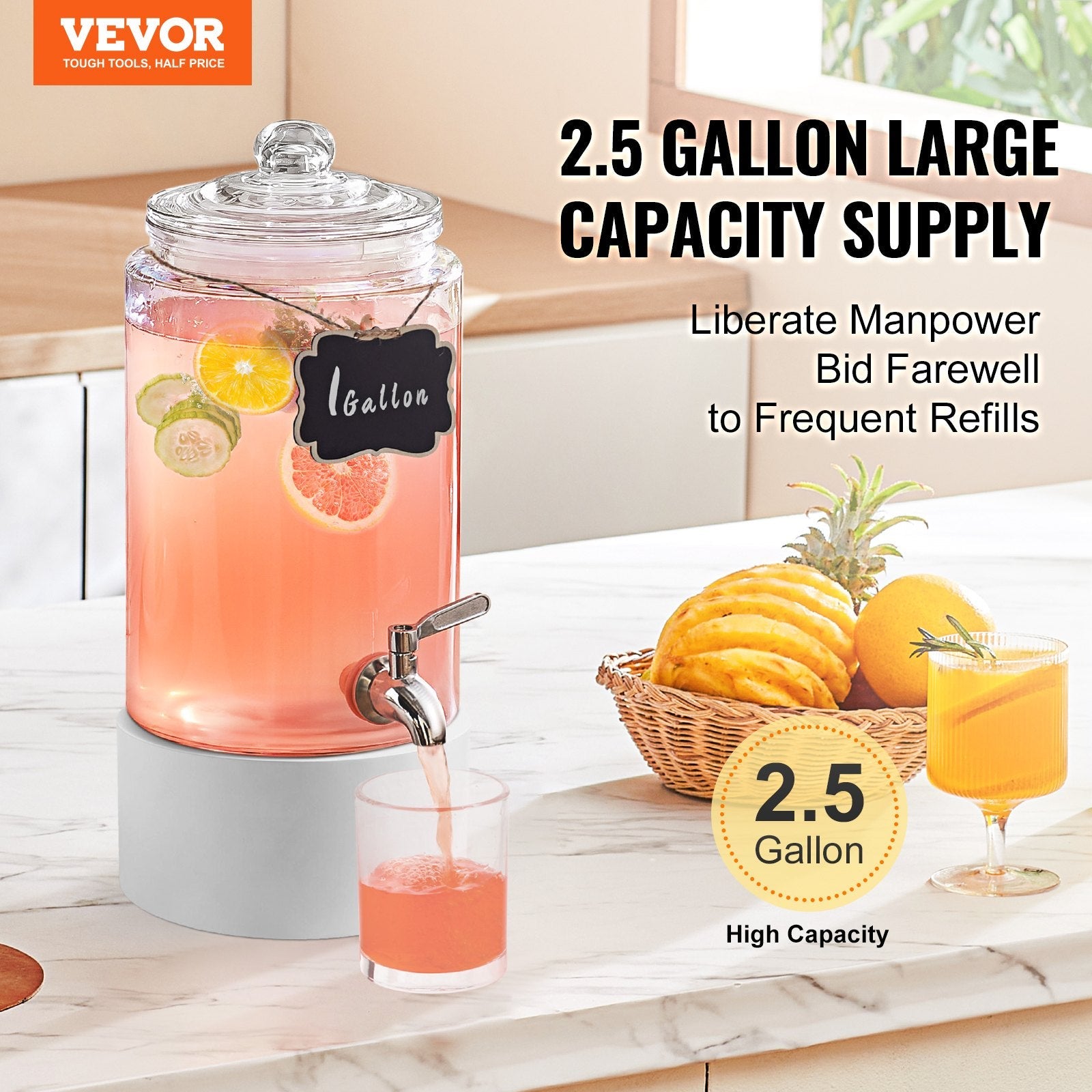 VEVOR Beverage Dispenser, 1 Gallon Drink Dispensers for Parties, Glass Juice Dispenser with Stainless Steel Spigot, Iced Tea Lemonade Juice Water Dispenser, for Restaurants, Hotels, Parties 