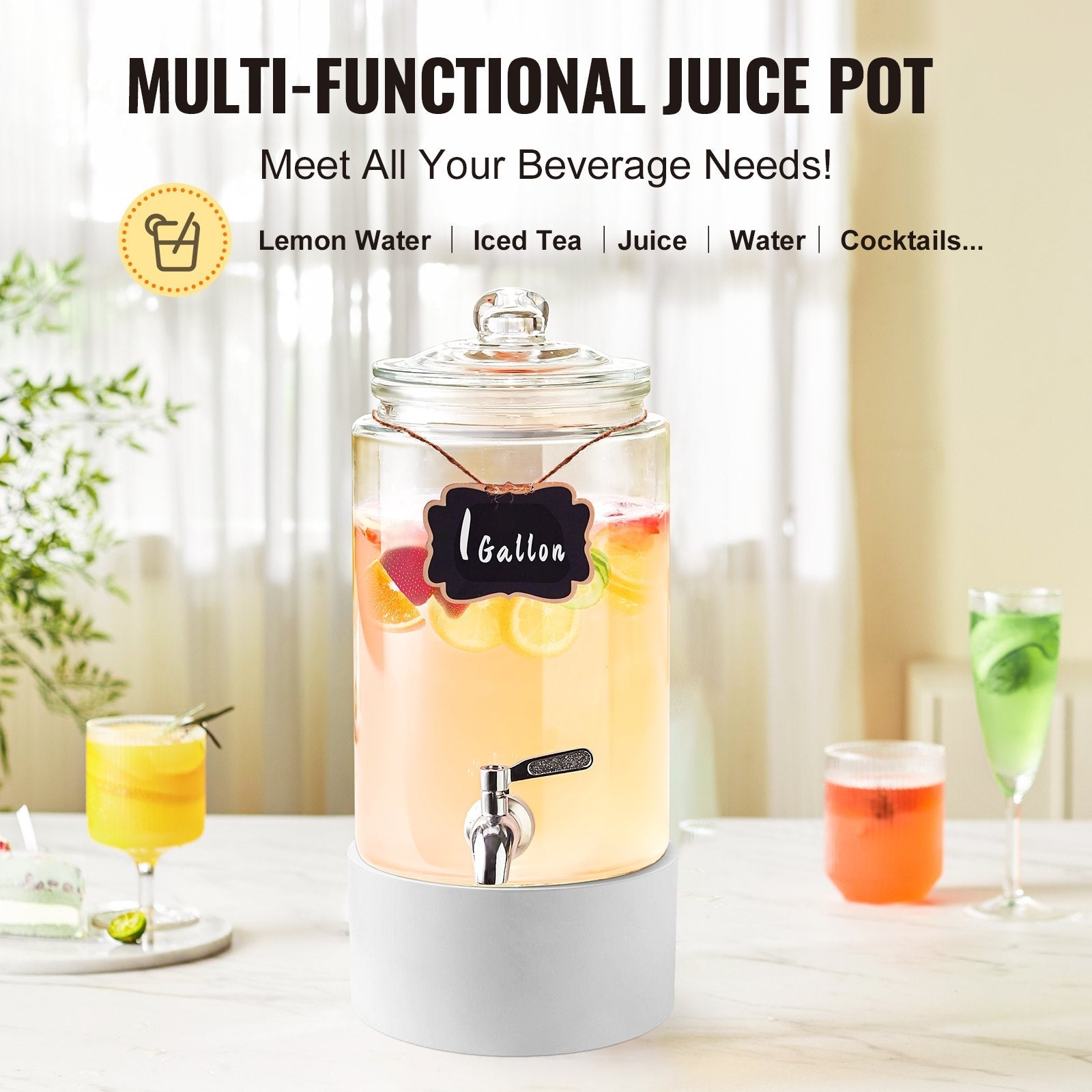 VEVOR Beverage Dispenser, 1 Gallon Drink Dispensers for Parties, Glass Juice Dispenser with Stainless Steel Spigot, Iced Tea Lemonade Juice Water Dispenser, for Restaurants, Hotels, Parties 