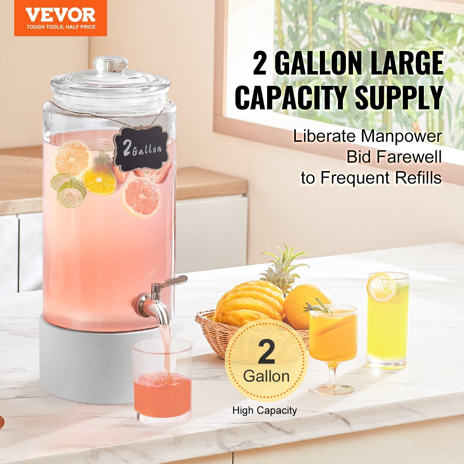 VEVOR Beverage Dispenser, 2 Gallon Drink Dispensers for Parties, Glass Juice Dispenser with Stainless Steel Spigot, Iced Tea Lemonade Juice Water Dispenser, for Restaurants, Hotels, Parties 