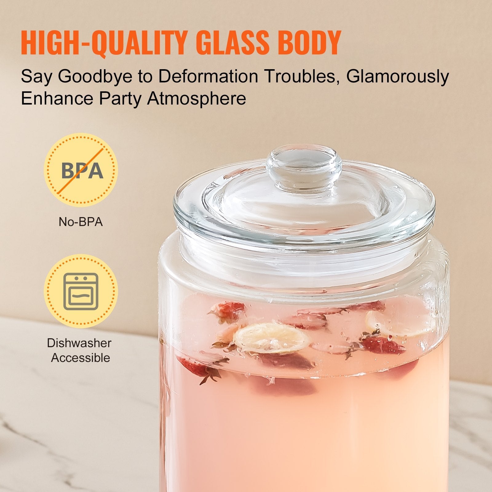 VEVOR Beverage Dispenser, 2 Gallon Drink Dispensers for Parties, Glass Juice Dispenser with Stainless Steel Spigot, Iced Tea Lemonade Juice Water Dispenser, for Restaurants, Hotels, Parties 